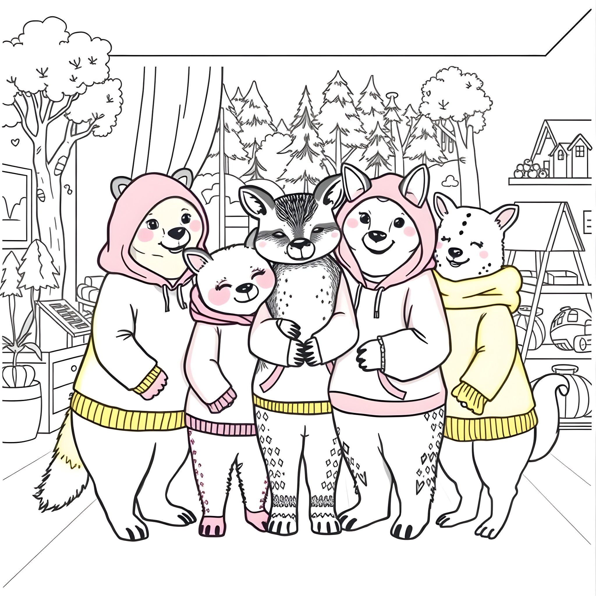 Animal friends posing for a picture in the winter forest Coloring Page (free black-and-white line drawing printable PDF for all, from beginners to advanced learners, including children, teens, adults, and seniors)