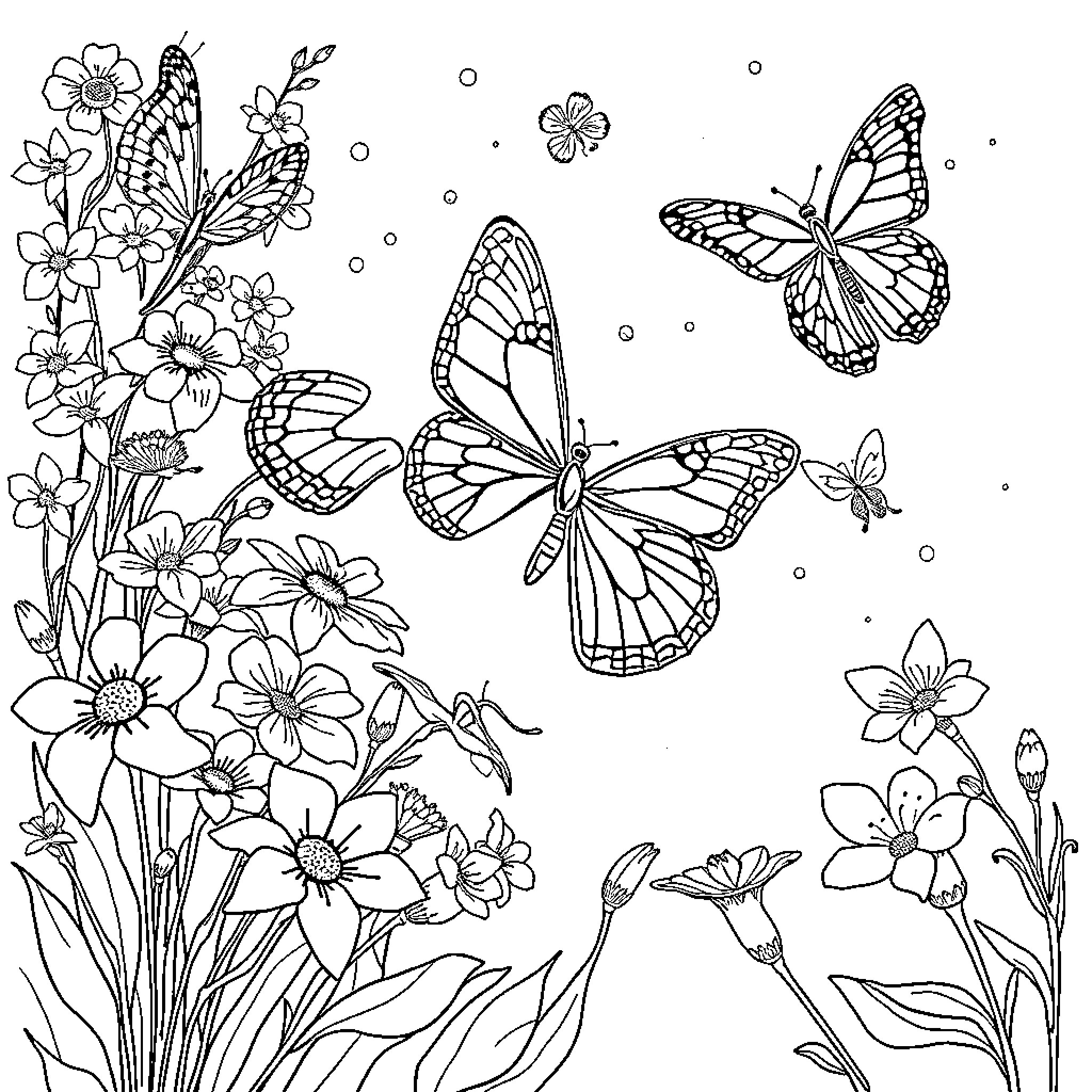 Butterfly Meadow with Floral Motifs Coloring Page (free black-and-white line drawing printable PDF for all, from beginners to advanced learners, including children, teens, adults, and seniors)