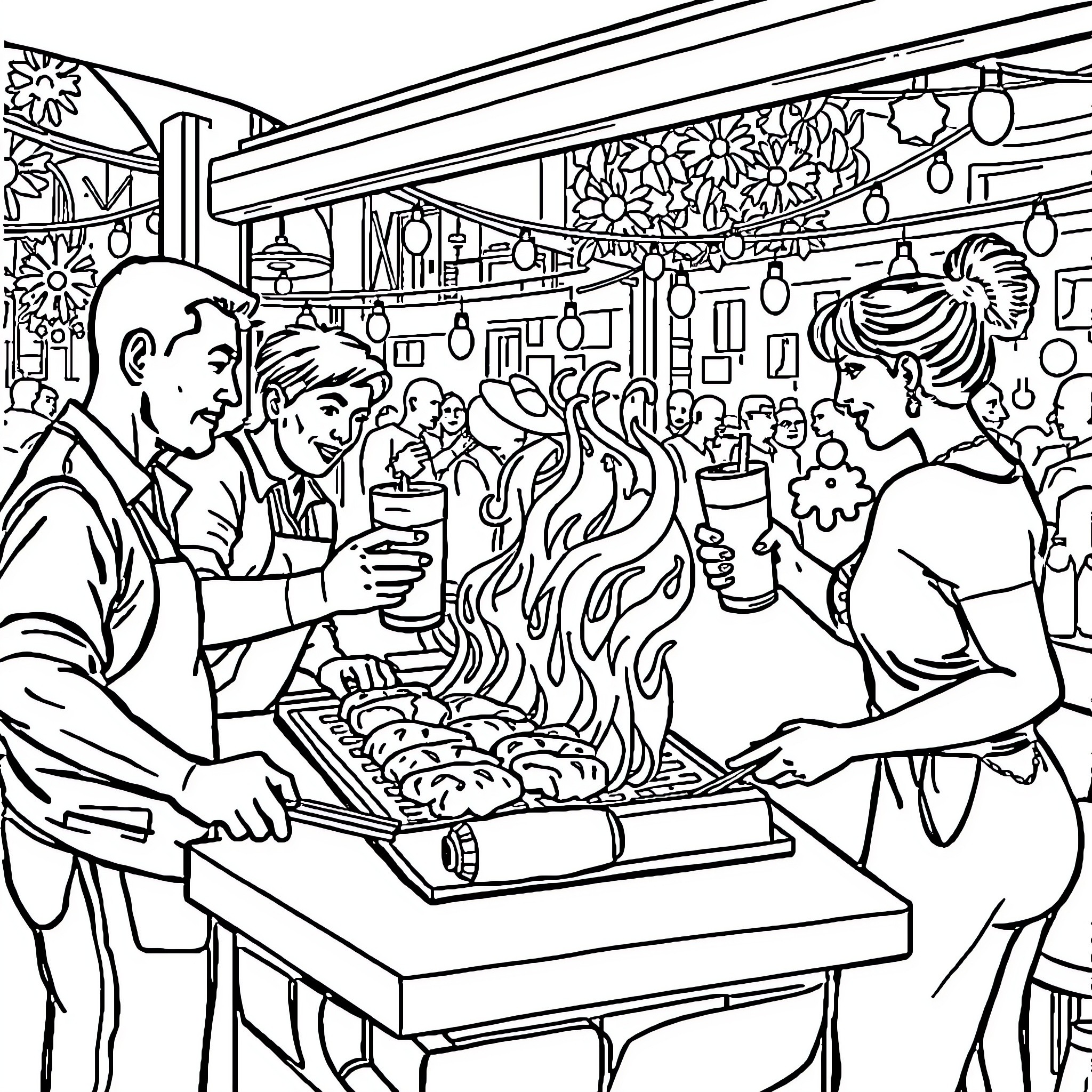 Gorra: Lively Festival at the Outdoor Eatery Coloring Page (free black-and-white line drawing printable PDF for all, from beginners to advanced learners, including children, teens, adults, and seniors)
