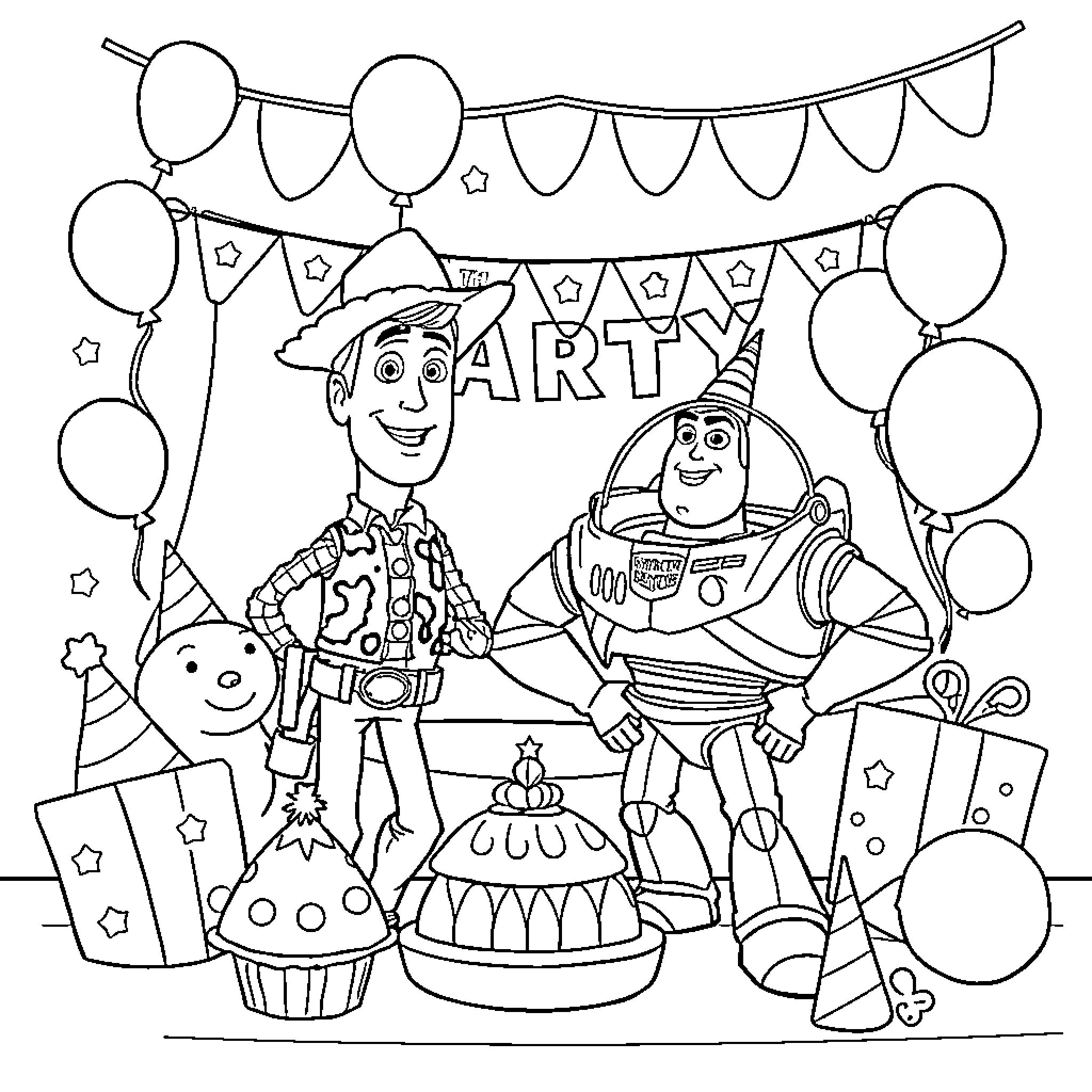Toy Story Characters Celebrating a Party Coloring Page (free black-and-white line drawing printable PDF for all, from beginners to advanced learners, including children, teens, adults, and seniors)