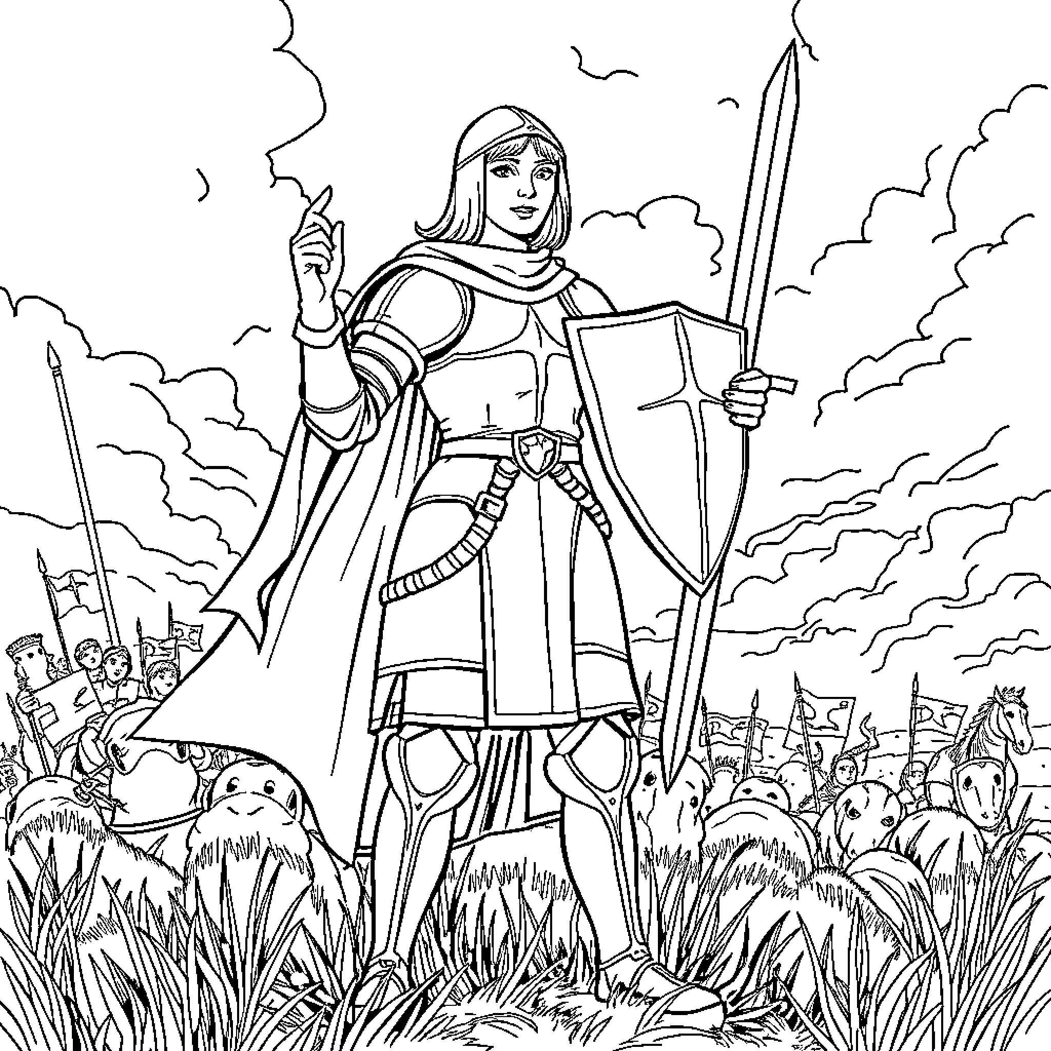 Joan Of Arc leading her troops into battle Coloring Page (free black-and-white line drawing printable PDF for all, from beginners to advanced learners, including children, teens, adults, and seniors)
