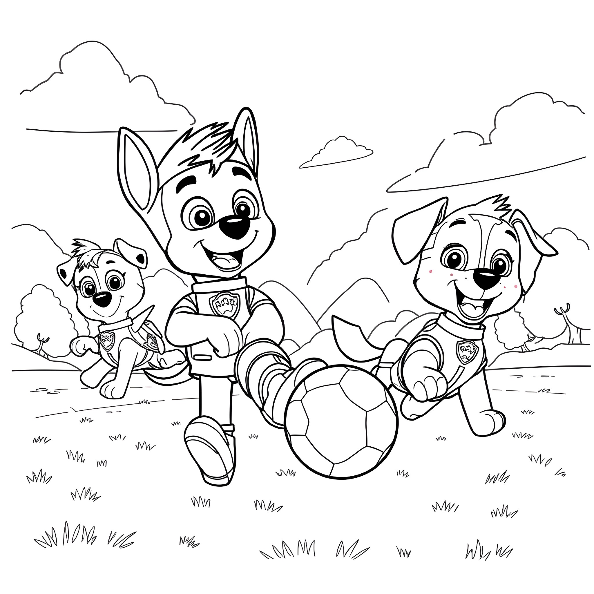 Paw Patrol characters playing with soccer ball in nature Coloring Page (free black-and-white line drawing printable PDF for all, from beginners to advanced learners, including children, teens, adults, and seniors)