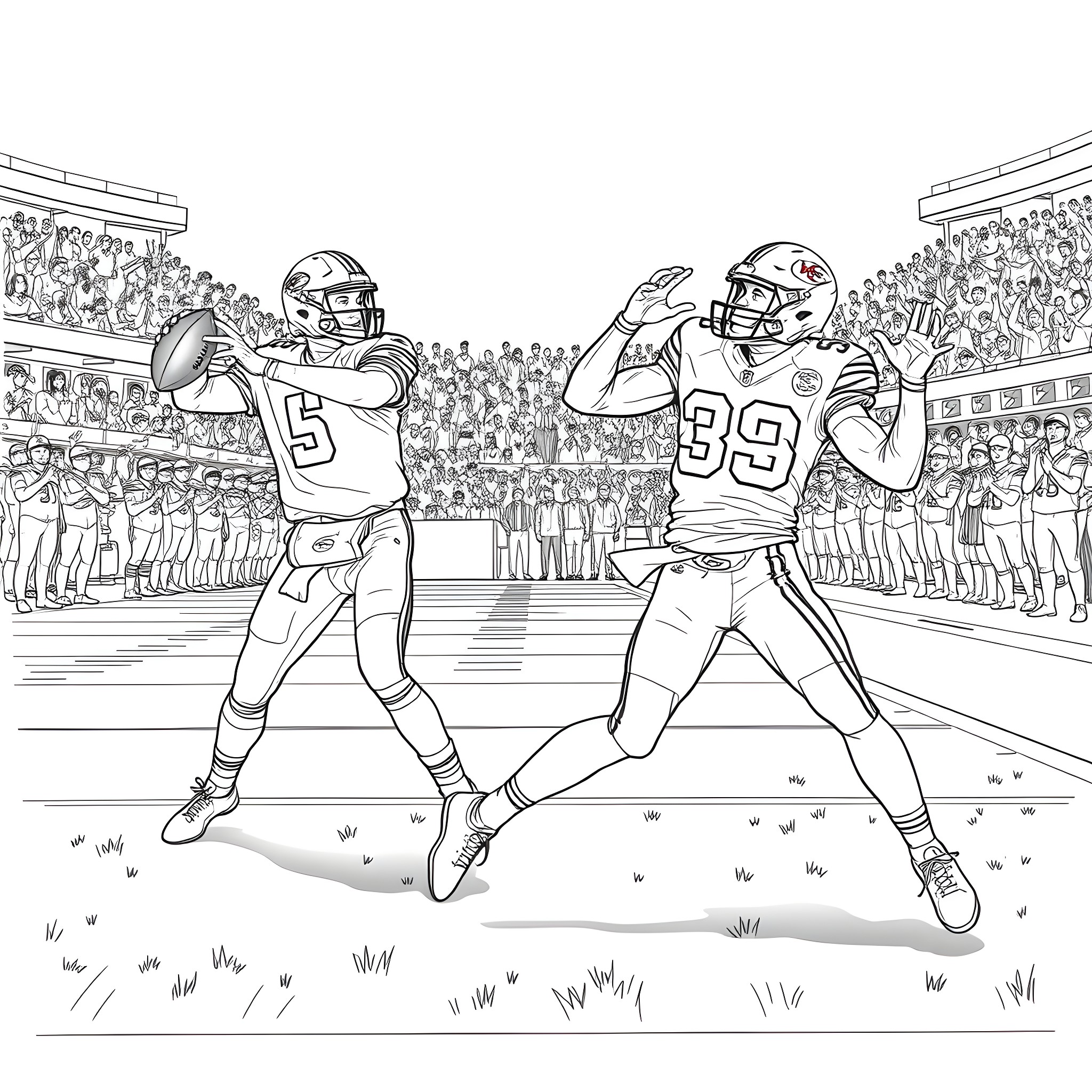 Patrick Mahomes dueling with defensive player on the field Coloring Page (free black-and-white line drawing printable PDF for all, from beginners to advanced learners, including children, teens, adults, and seniors)