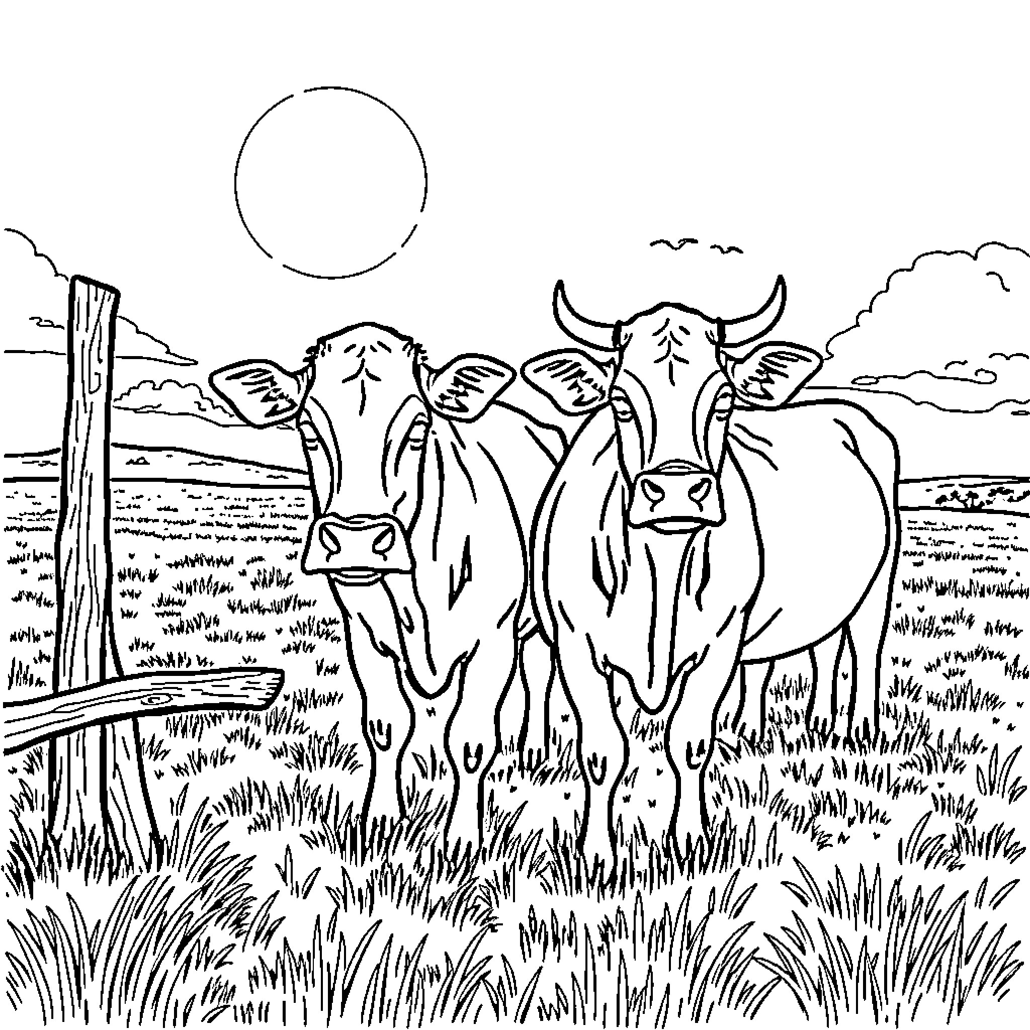 Cows grazing peacefully in a serene landscape Coloring Page (free black-and-white line drawing printable PDF for all, from beginners to advanced learners, including children, teens, adults, and seniors)