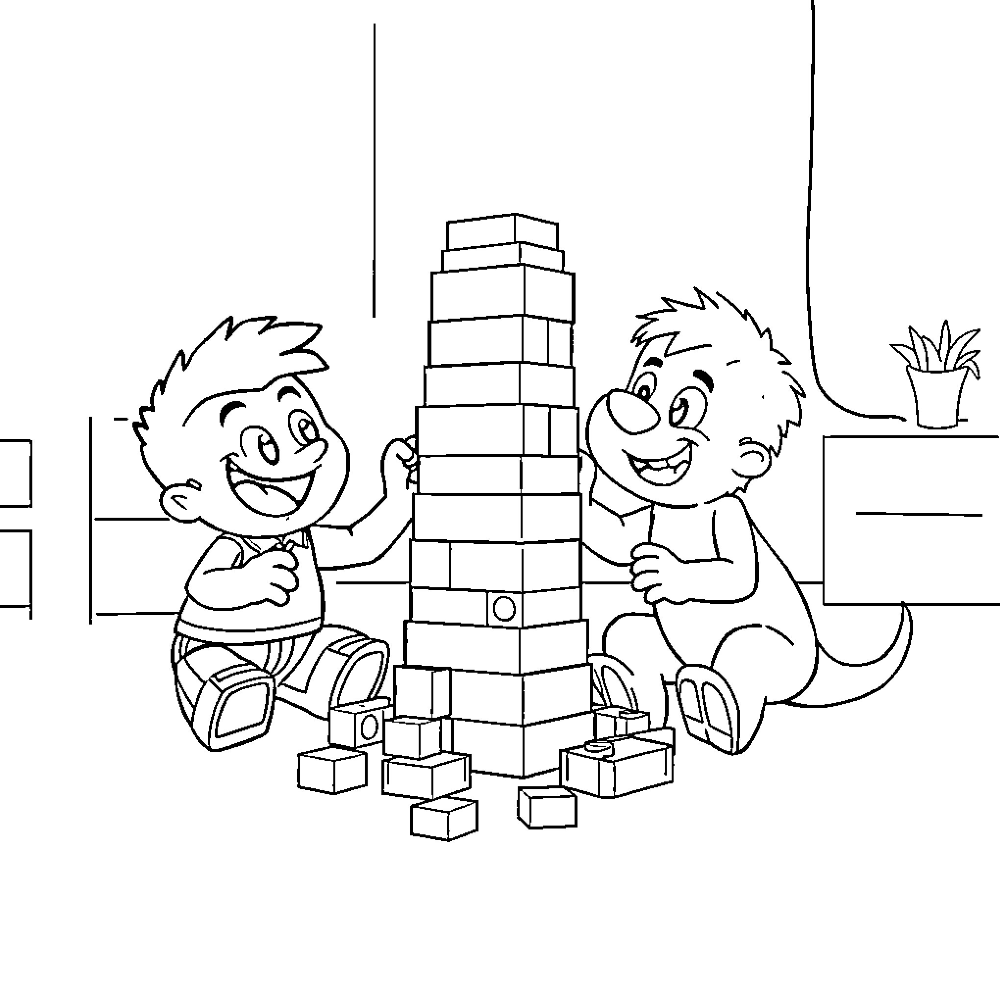 Gumball Characters Building a Block Tower Coloring Page (free black-and-white line drawing printable PDF for all, from beginners to advanced learners, including children, teens, adults, and seniors)
