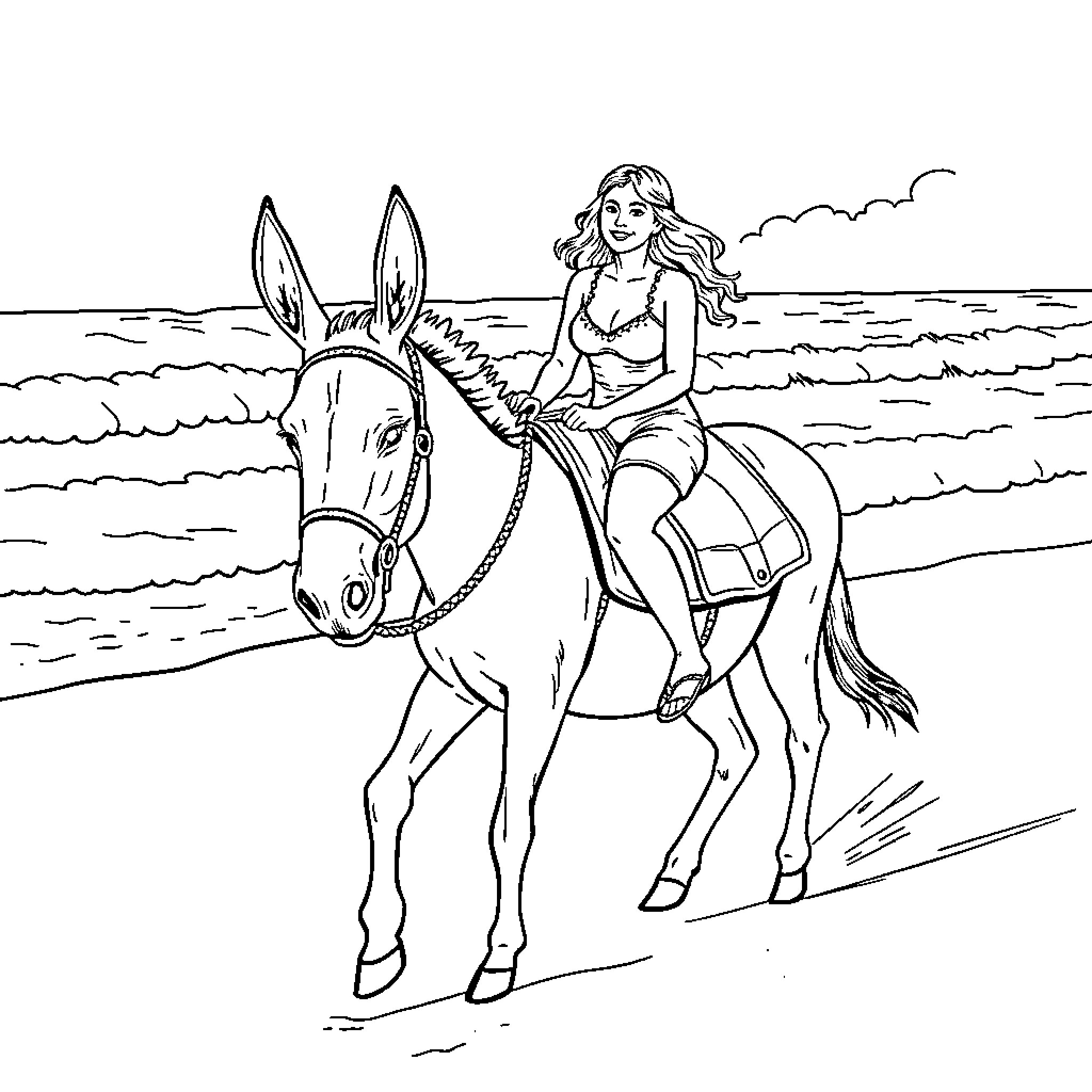 Woman riding a donkey on the beach Coloring Page (free black-and-white line drawing printable PDF for all, from beginners to advanced learners, including children, teens, adults, and seniors)
