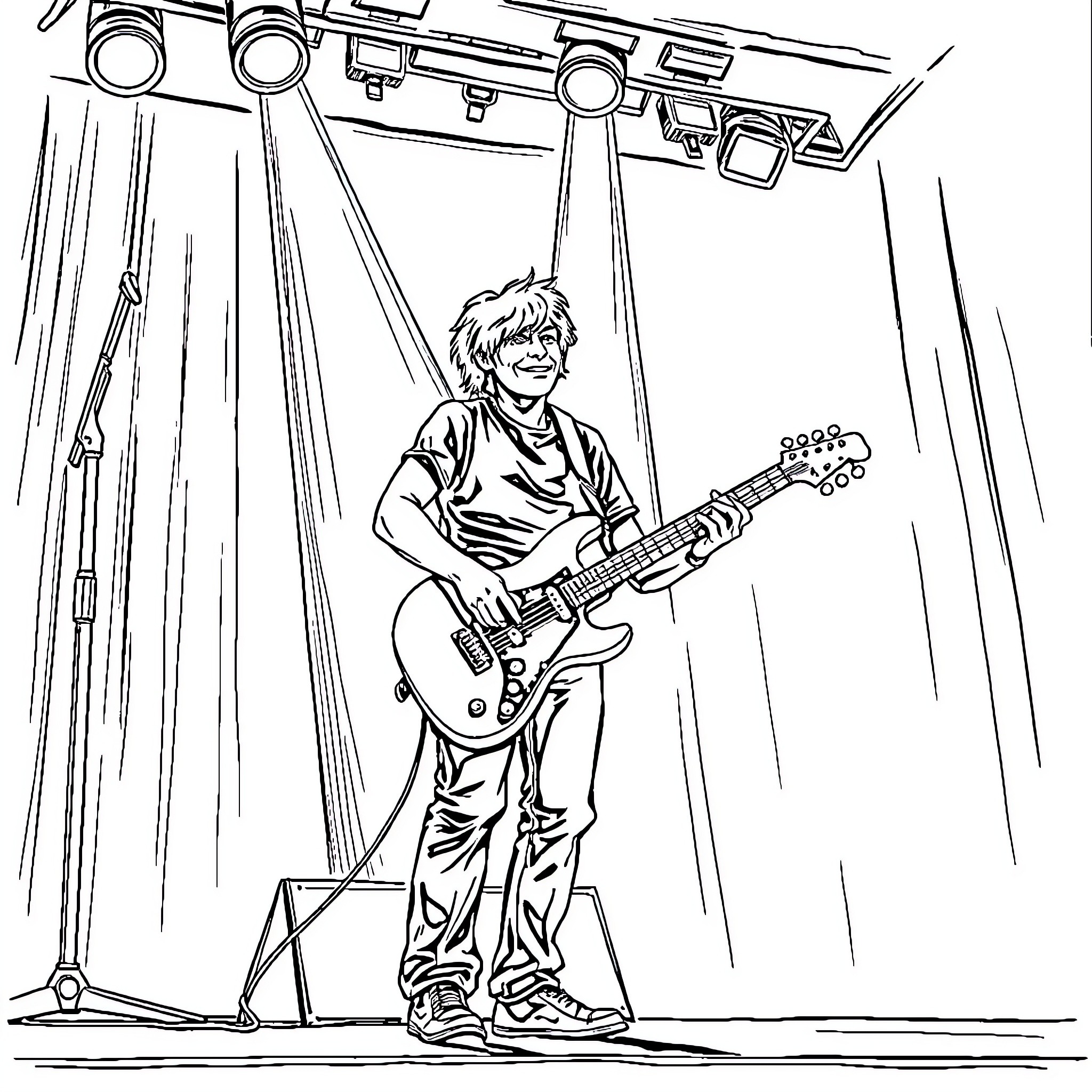 Guitar Player Performing on Stage Coloring Page (free black-and-white line drawing printable PDF for all, from beginners to advanced learners, including children, teens, adults, and seniors)
