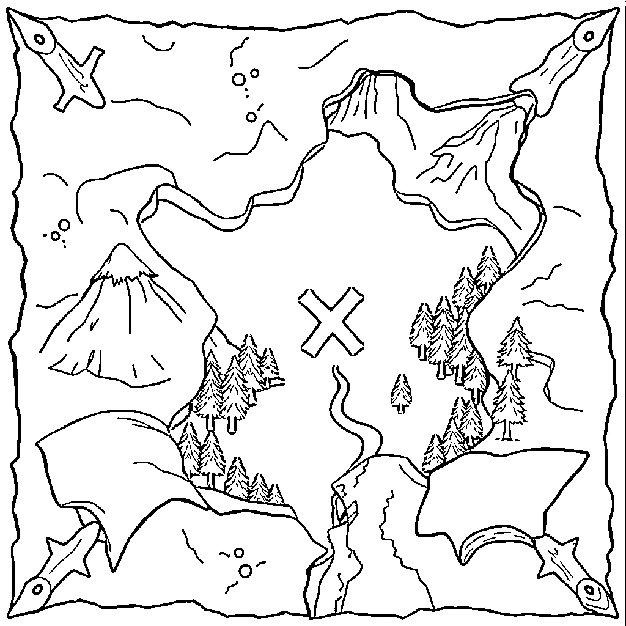 Treasure Map of Mysterious Landscapes Coloring Page (free black-and-white line drawing printable PDF for all, from beginners to advanced learners, including children, teens, adults, and seniors)