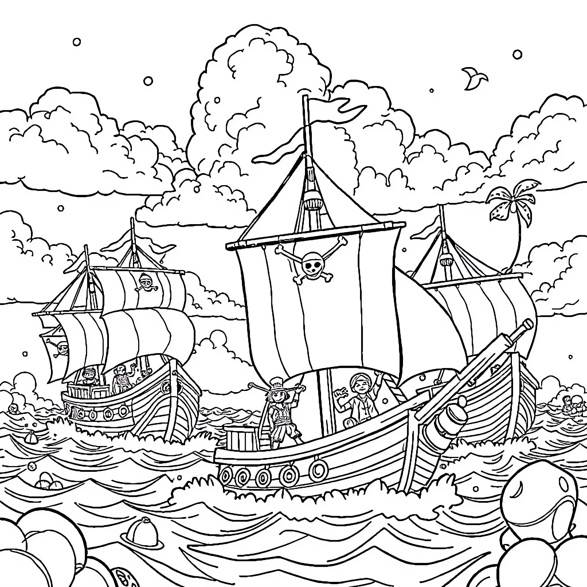 One Piece Pirates Sailing the High Seas Coloring Page (free black-and-white line drawing printable PDF for all, from beginners to advanced learners, including children, teens, adults, and seniors)