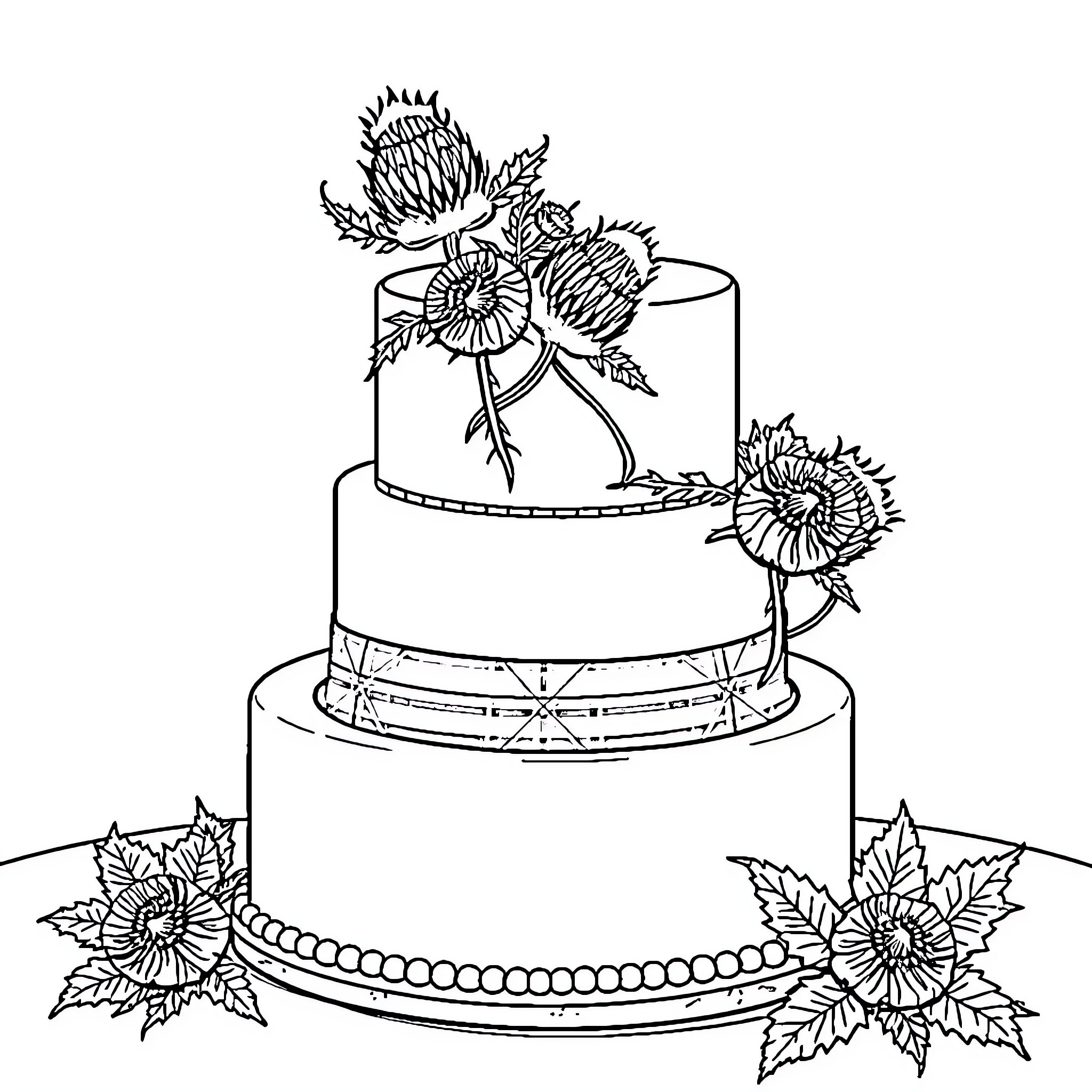 Wedding Cake with Elegant Floral Decorations Coloring Page (free black-and-white line drawing printable PDF for all, from beginners to advanced learners, including children, teens, adults, and seniors)