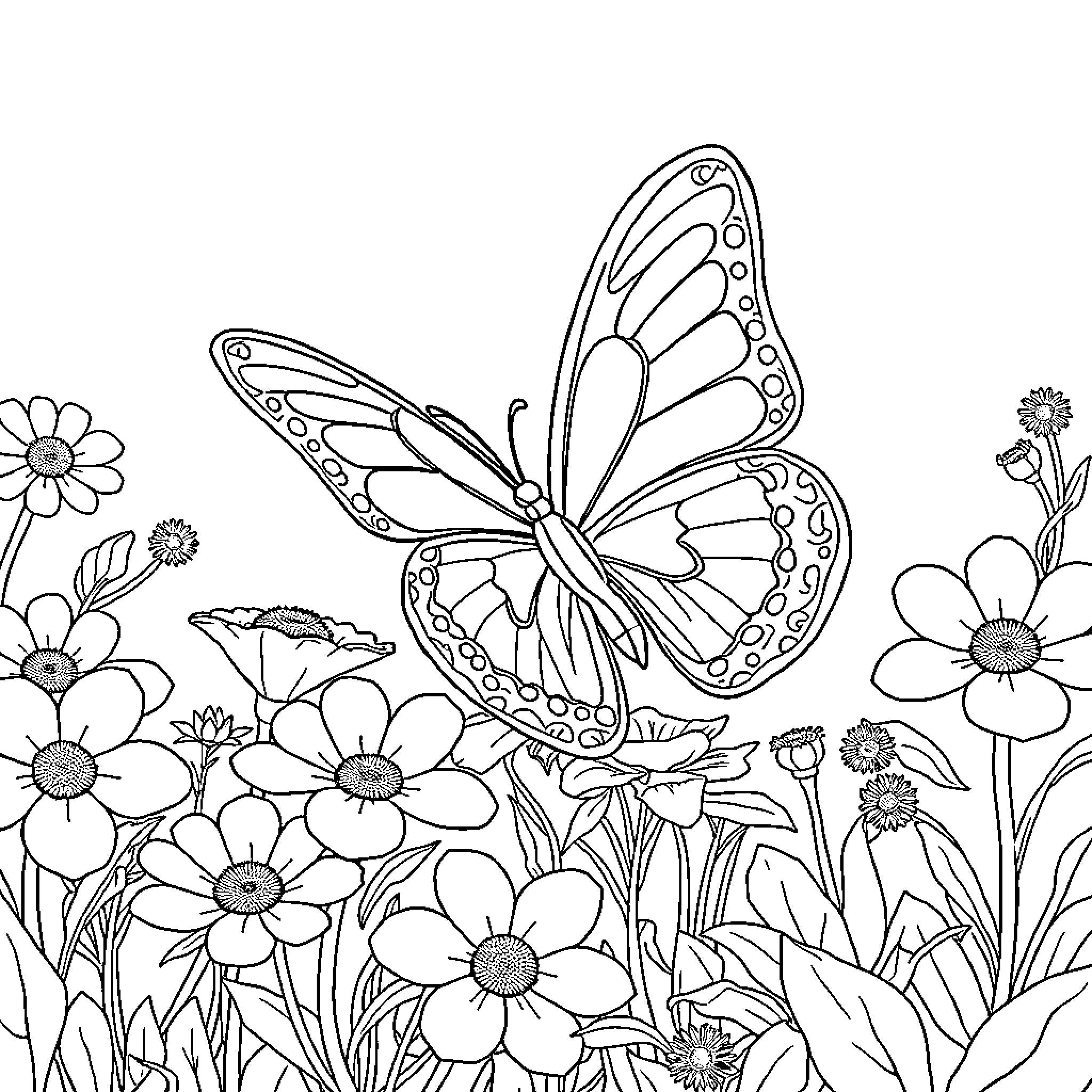 Butterfly resting amid vibrant floral garden Coloring Page (free black-and-white line drawing printable PDF for all, from beginners to advanced learners, including children, teens, adults, and seniors)
