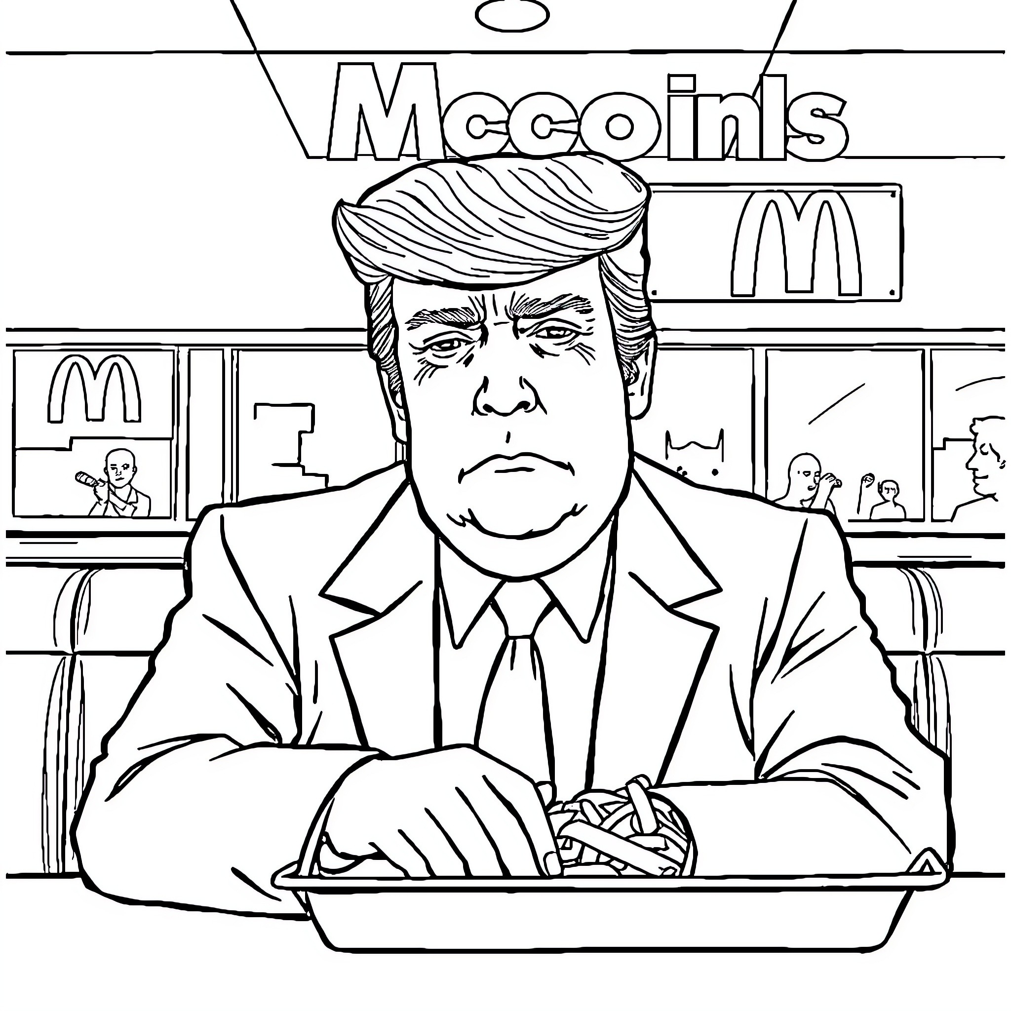 Trump in serious expression at McDonald's Coloring Page (free black-and-white line drawing printable PDF for all, from beginners to advanced learners, including children, teens, adults, and seniors)