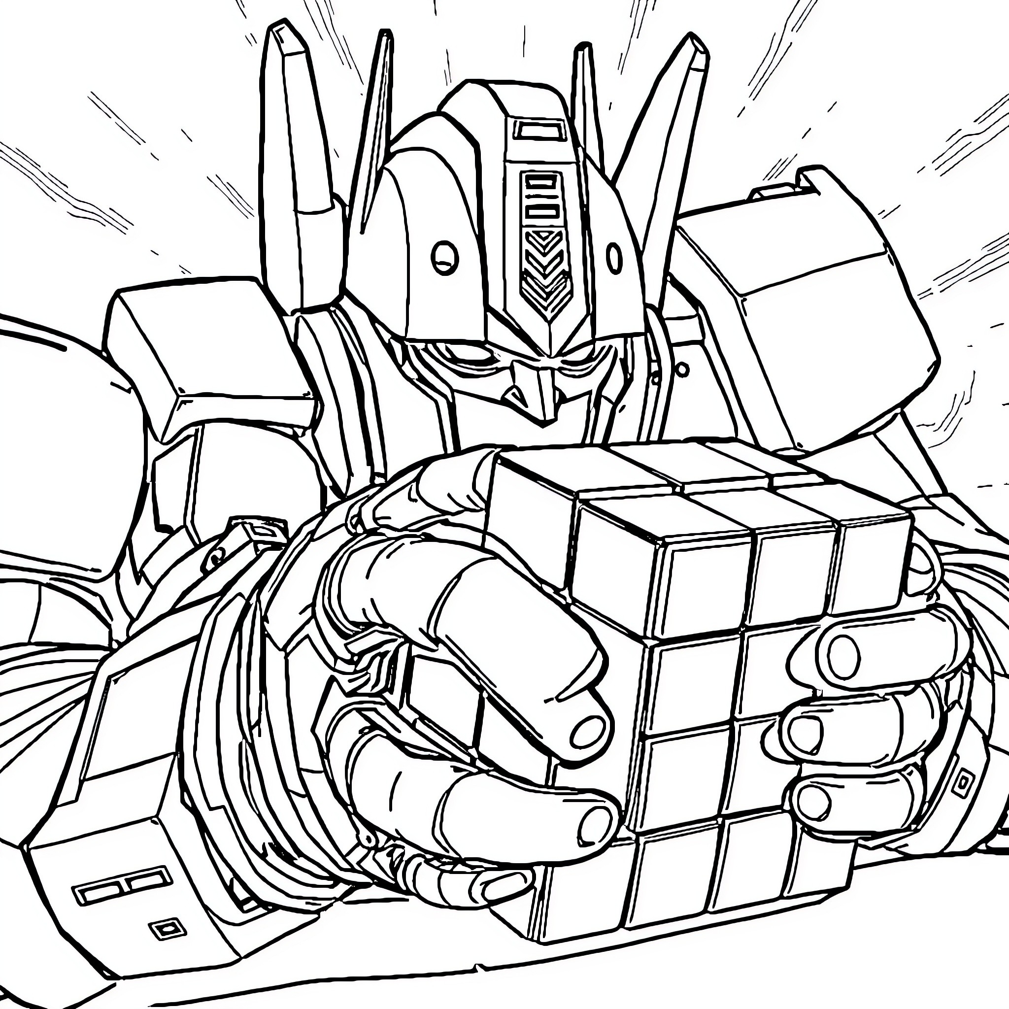 Optimus Prime transforming with action and power Coloring Page (free black-and-white line drawing printable PDF for all, from beginners to advanced learners, including children, teens, adults, and seniors)