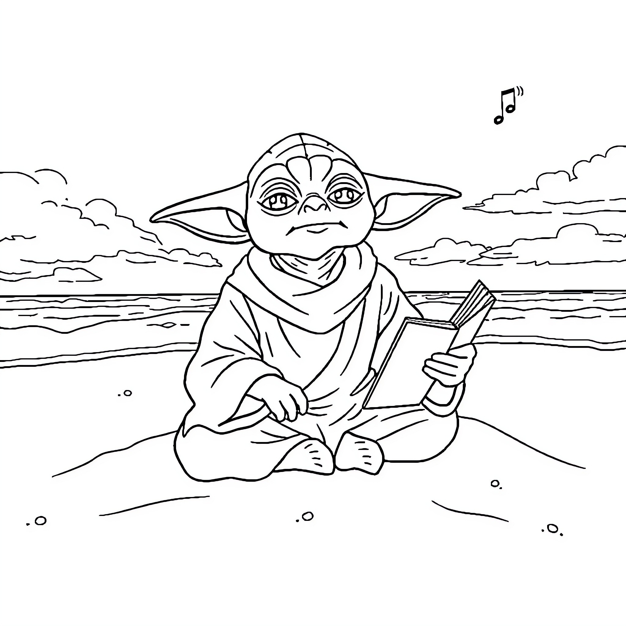 Yoda enjoying a tranquil moment on the beach Coloring Page (free black-and-white line drawing printable PDF for all, from beginners to advanced learners, including children, teens, adults, and seniors)