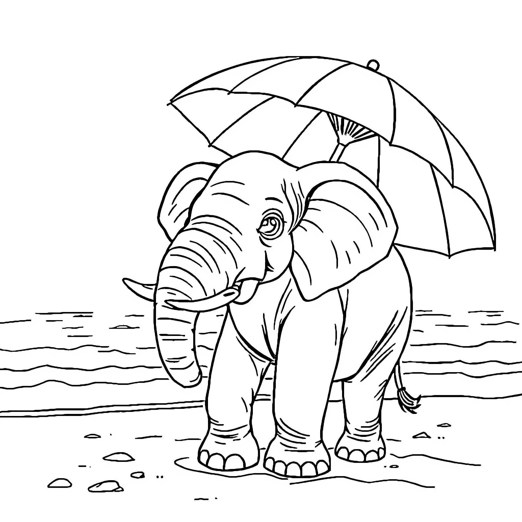 Elephant walking with umbrella on the beach Coloring Page (free black-and-white line drawing printable PDF for all, from beginners to advanced learners, including children, teens, adults, and seniors)