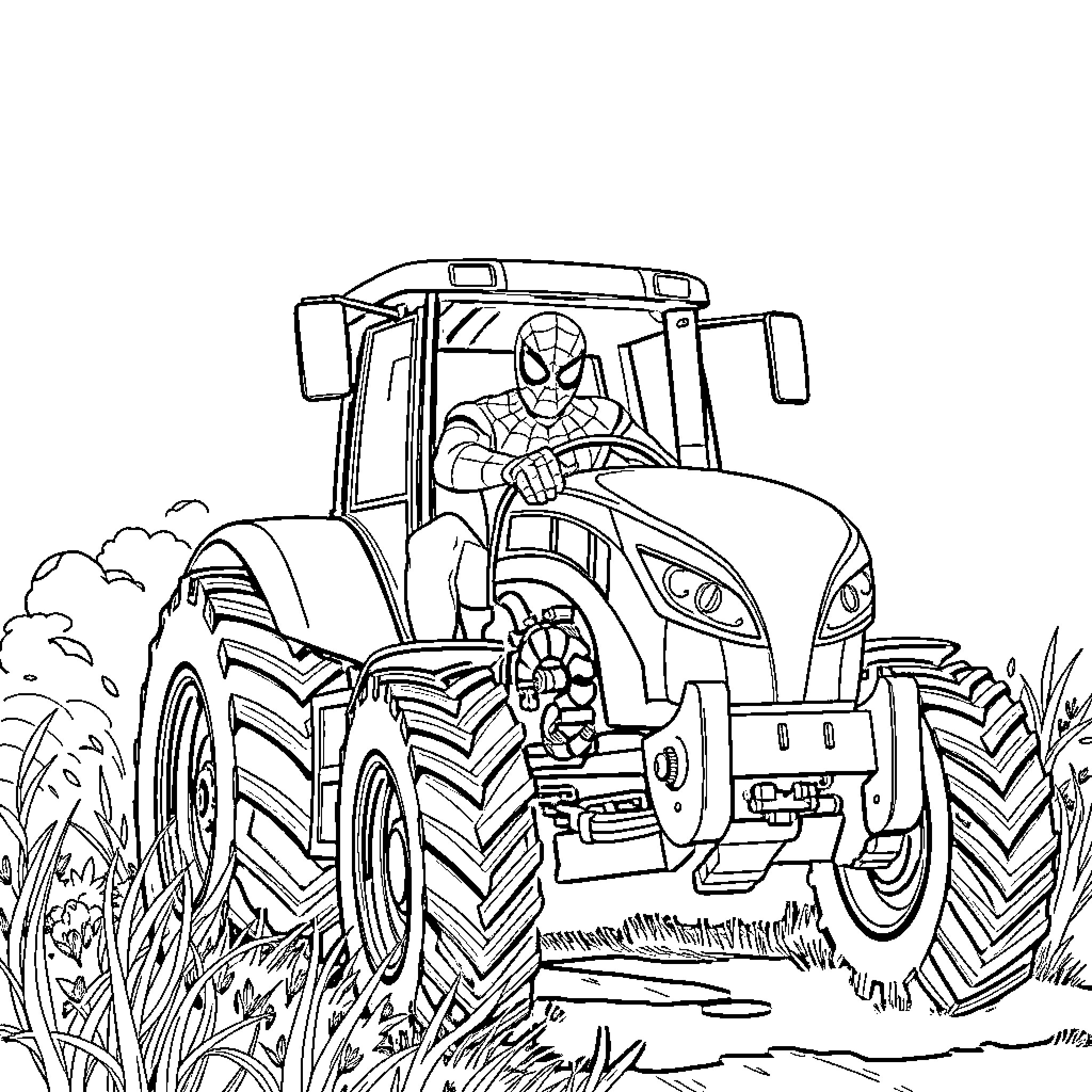 Spiderman driving a tractor through the countryside Coloring Page (free black-and-white line drawing printable PDF for all, from beginners to advanced learners, including children, teens, adults, and seniors)