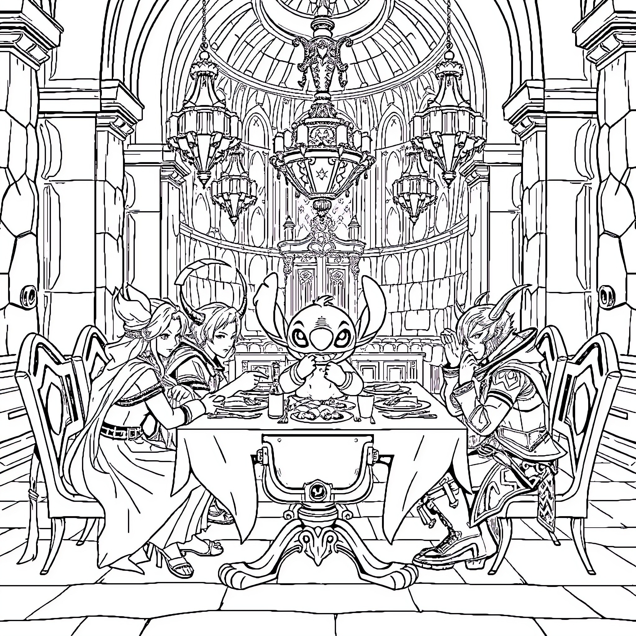 Demon Hunters Feasting in a Lavish Hall Coloring Page (free black-and-white line drawing printable PDF for all, from beginners to advanced learners, including children, teens, adults, and seniors)
