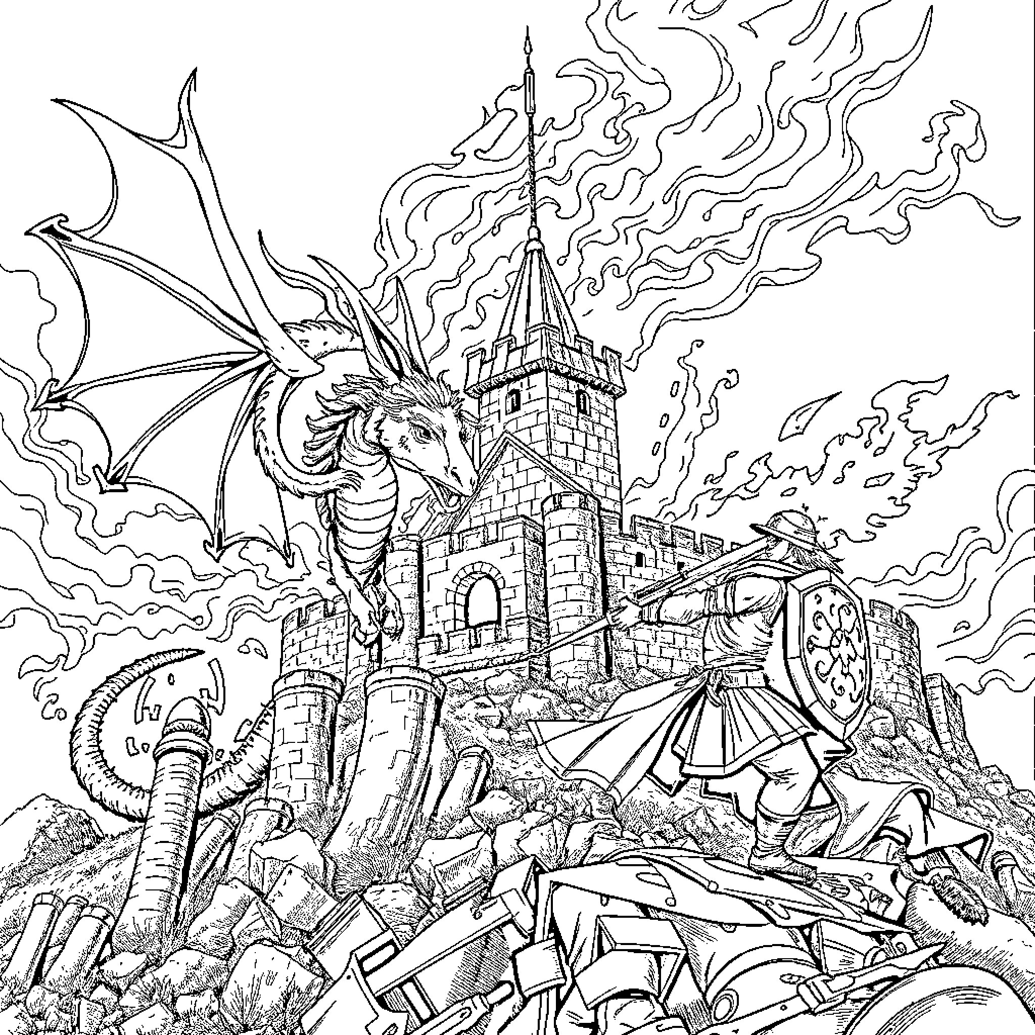 Dragon guarding a fiery castle amid ruins Coloring Page (free black-and-white line drawing printable PDF for all, from beginners to advanced learners, including children, teens, adults, and seniors)