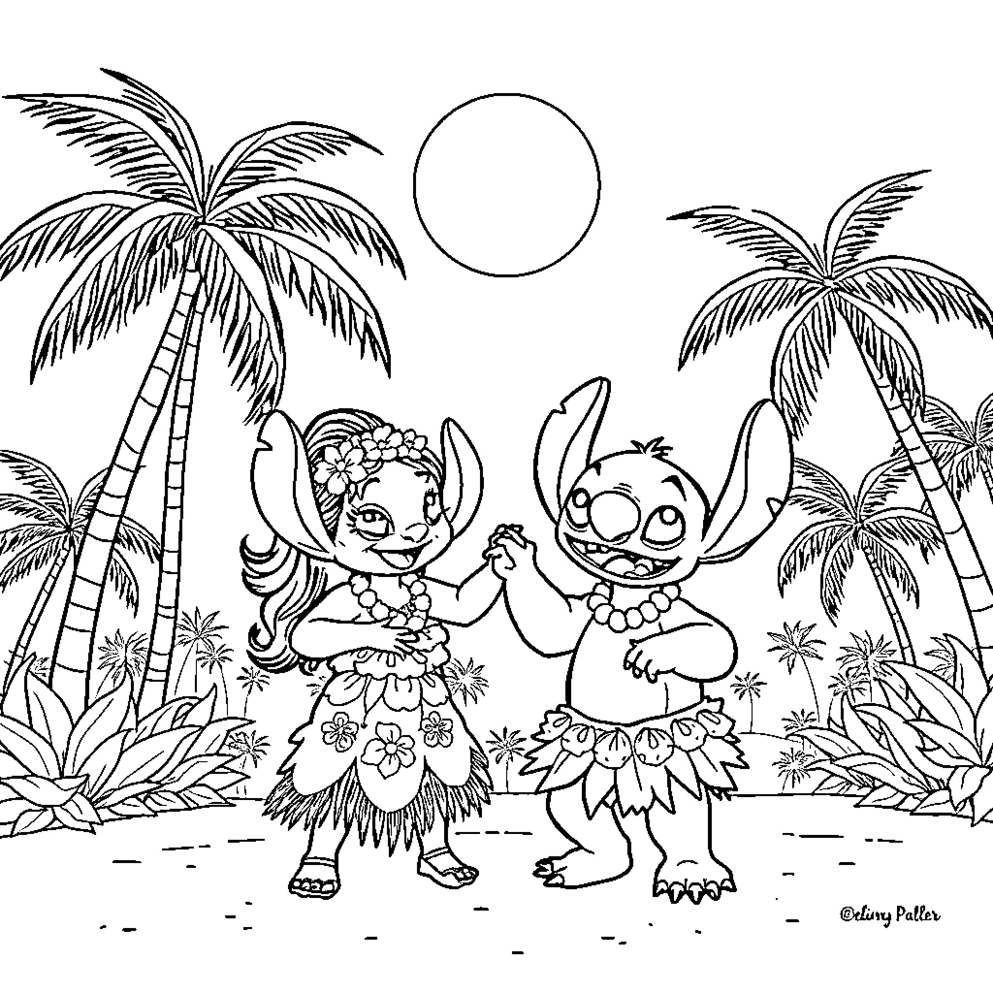 Lilo and Stitch playing joyfully in a tropical paradise Coloring Page (free black-and-white line drawing printable PDF for all, from beginners to advanced learners, including children, teens, adults, and seniors)