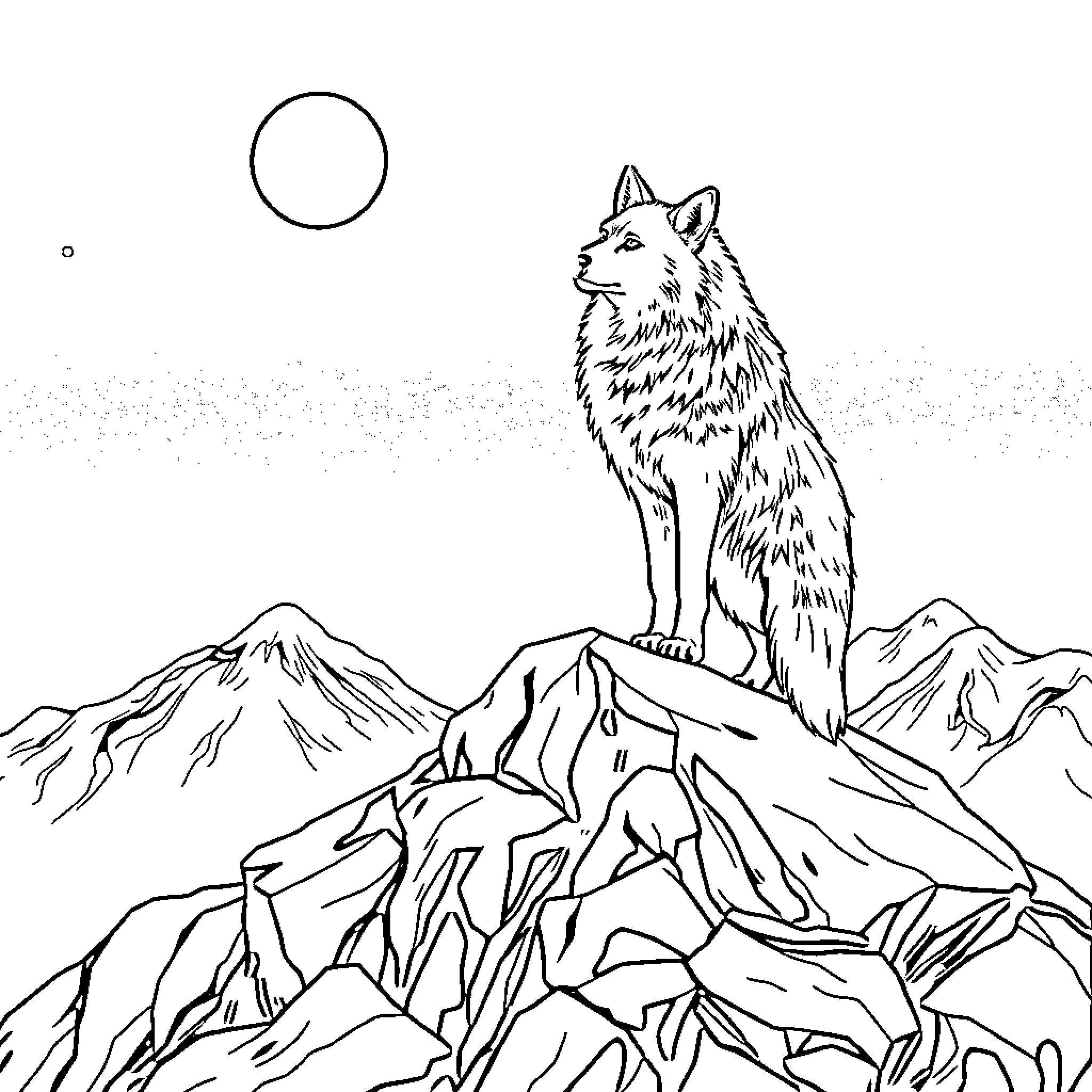 Wolf howling at the moon atop mountain peaks Coloring Page (free black-and-white line drawing printable PDF for all, from beginners to advanced learners, including children, teens, adults, and seniors)