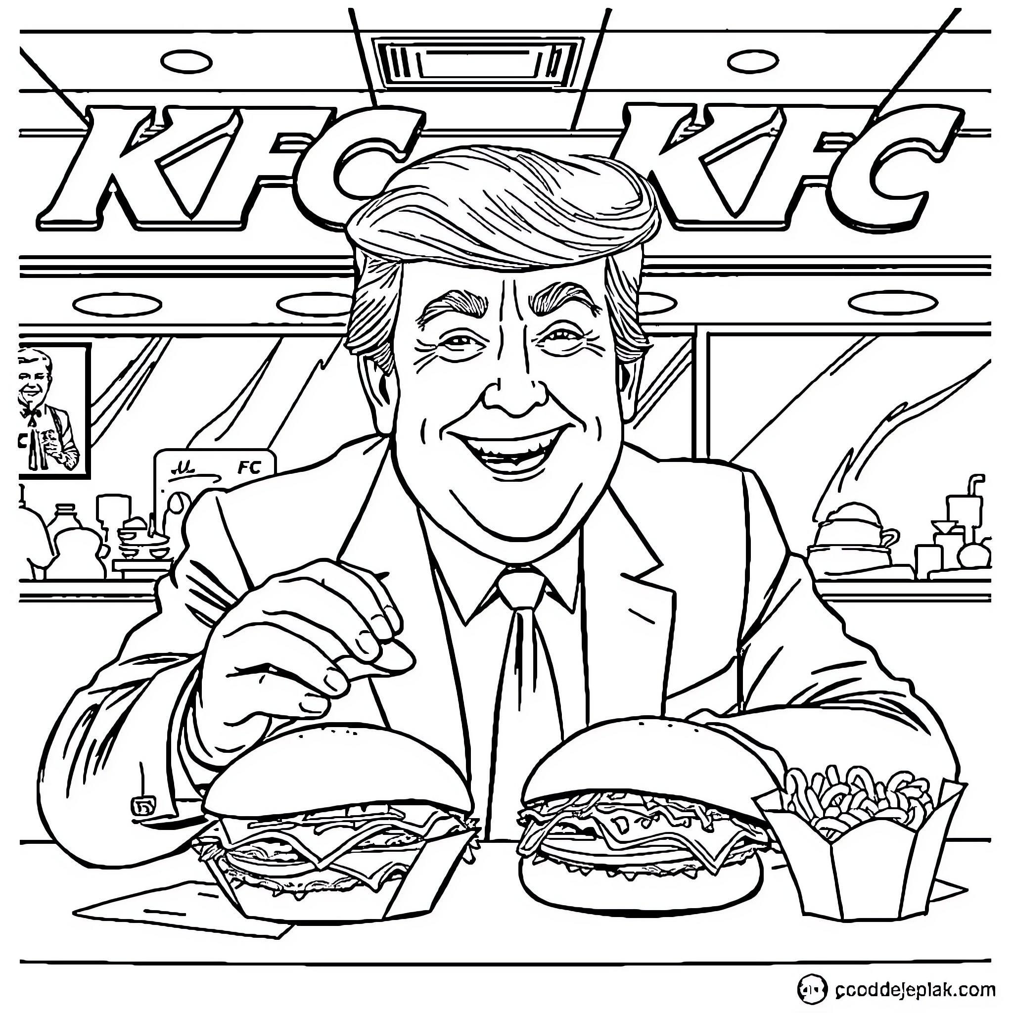 Donald Trump enjoying fast food at KFC Coloring Page (free black-and-white line drawing printable PDF for all, from beginners to advanced learners, including children, teens, adults, and seniors)
