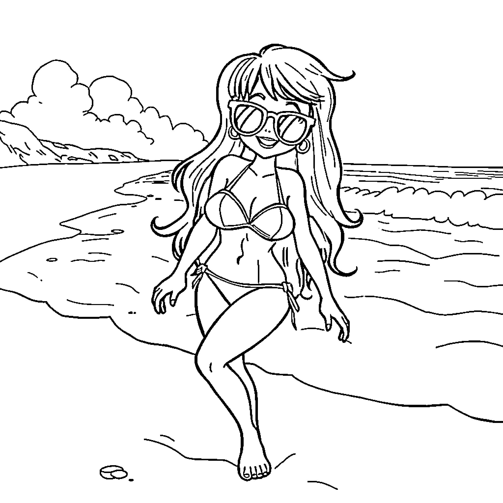 Velma enjoying a day at the beach Coloring Page (free black-and-white line drawing printable PDF for all, from beginners to advanced learners, including children, teens, adults, and seniors)