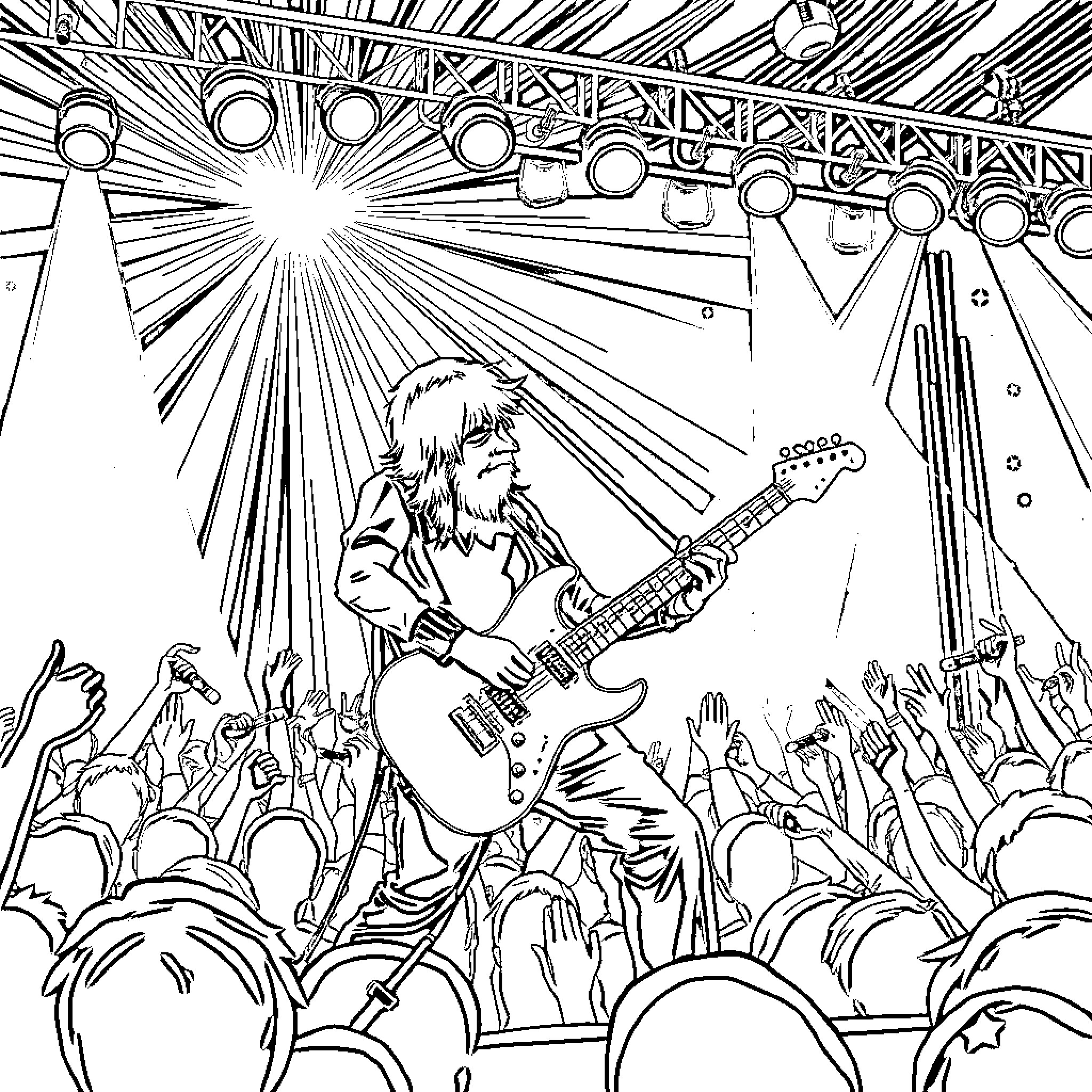 Electric Guitar Player Performing on Stage Coloring Page (free black-and-white line drawing printable PDF for all, from beginners to advanced learners, including children, teens, adults, and seniors)