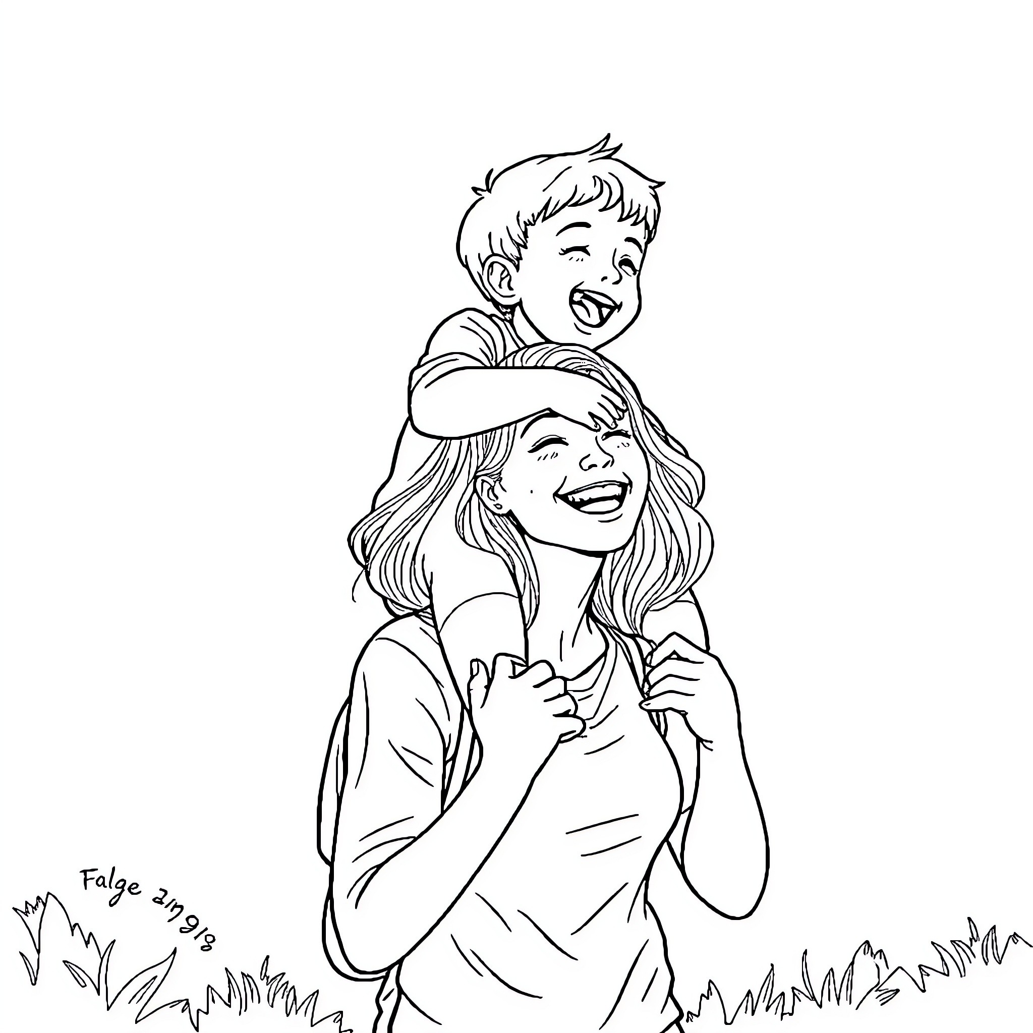 Boy embracing happy woman in outdoor setting Coloring Page (free black-and-white line drawing printable PDF for all, from beginners to advanced learners, including children, teens, adults, and seniors)