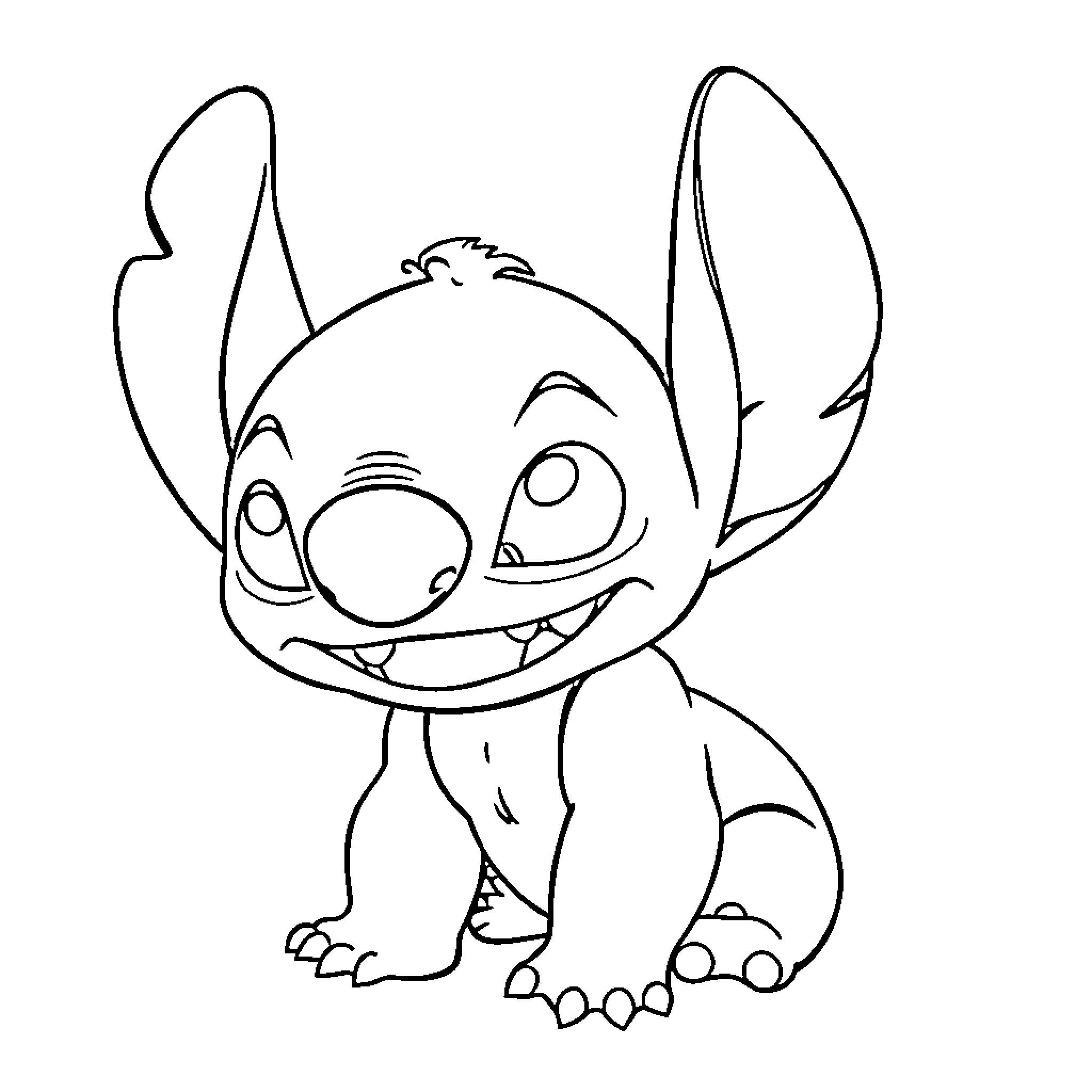 Stitch smiling and sitting happily Coloring Page (free black-and-white line drawing printable PDF for all, from beginners to advanced learners, including children, teens, adults, and seniors)