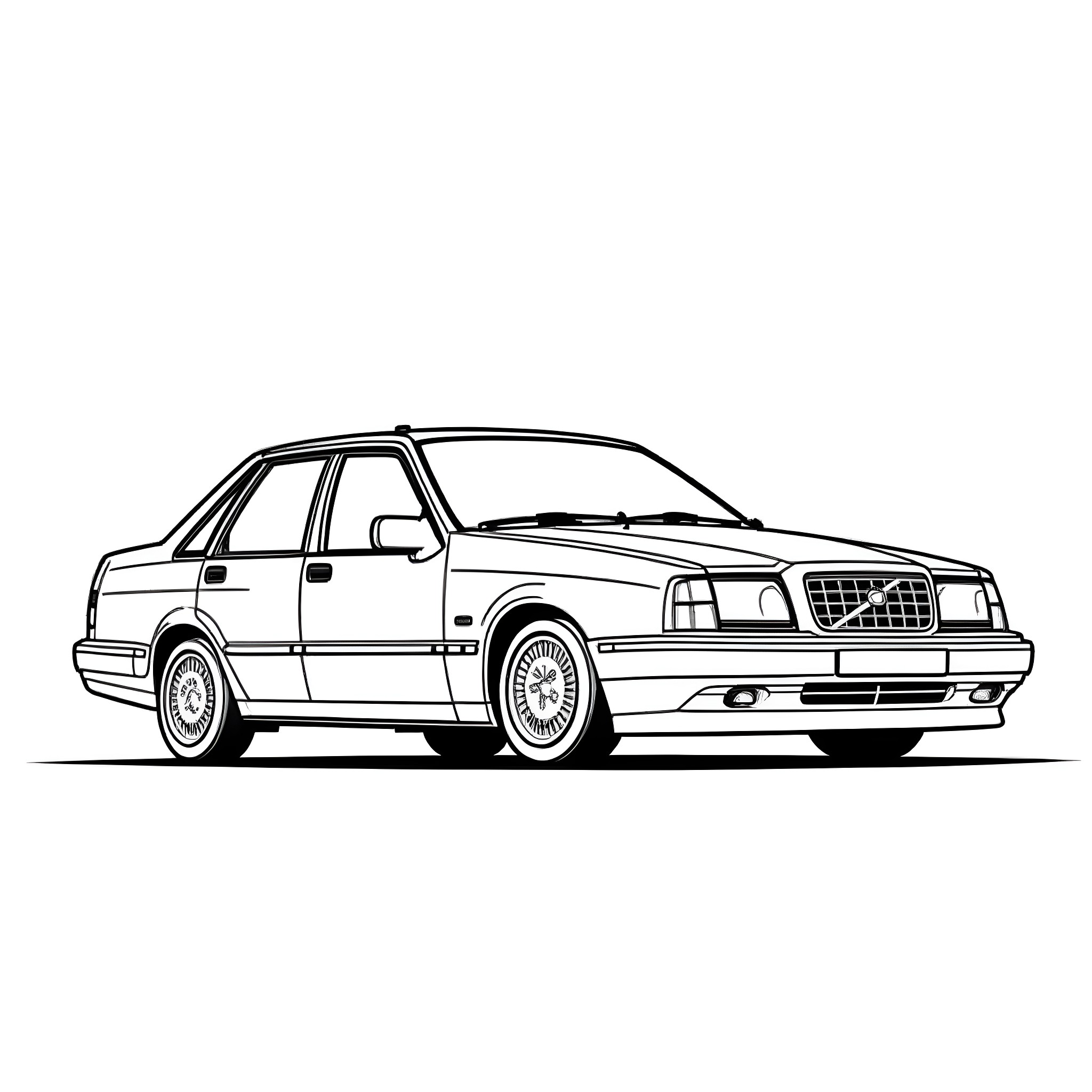 Volvo sedan on the road Coloring Page (free black-and-white line drawing printable PDF for all, from beginners to advanced learners, including children, teens, adults, and seniors)