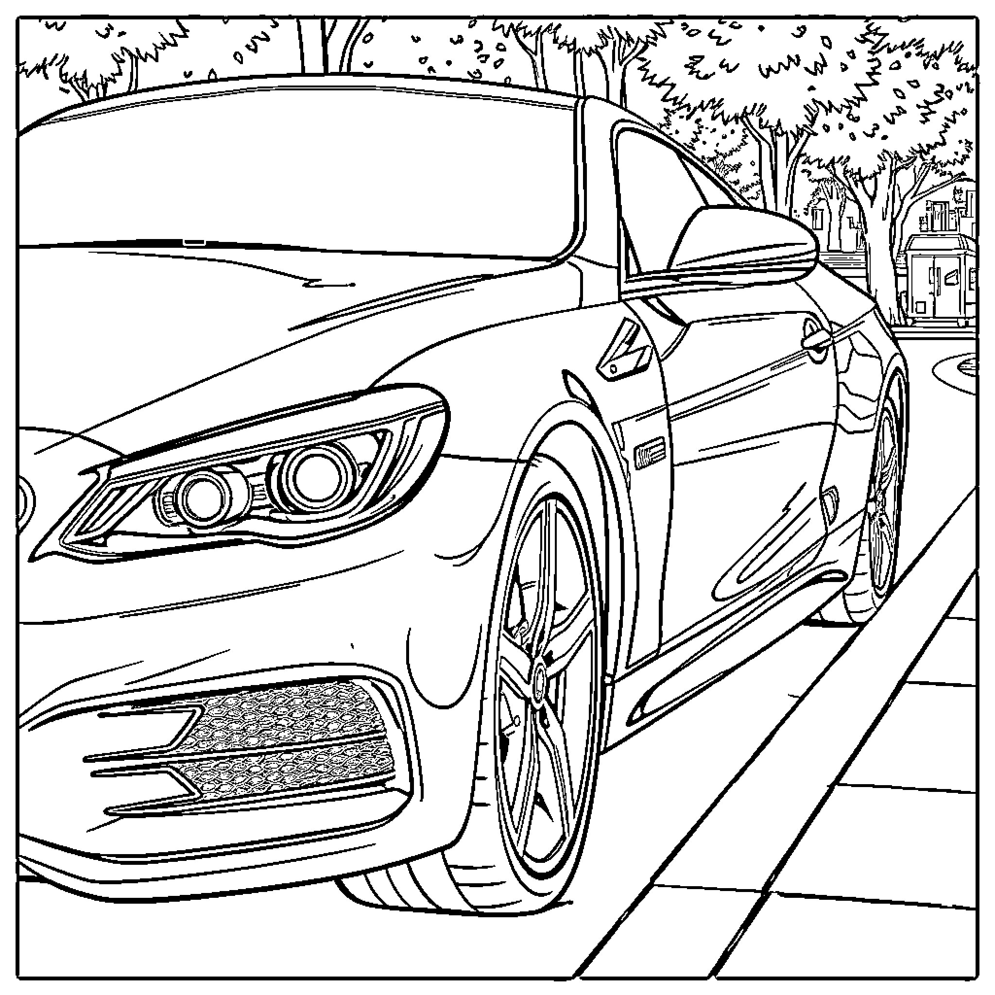 Car parked on city street with trees Coloring Page (free black-and-white line drawing printable PDF for all, from beginners to advanced learners, including children, teens, adults, and seniors)