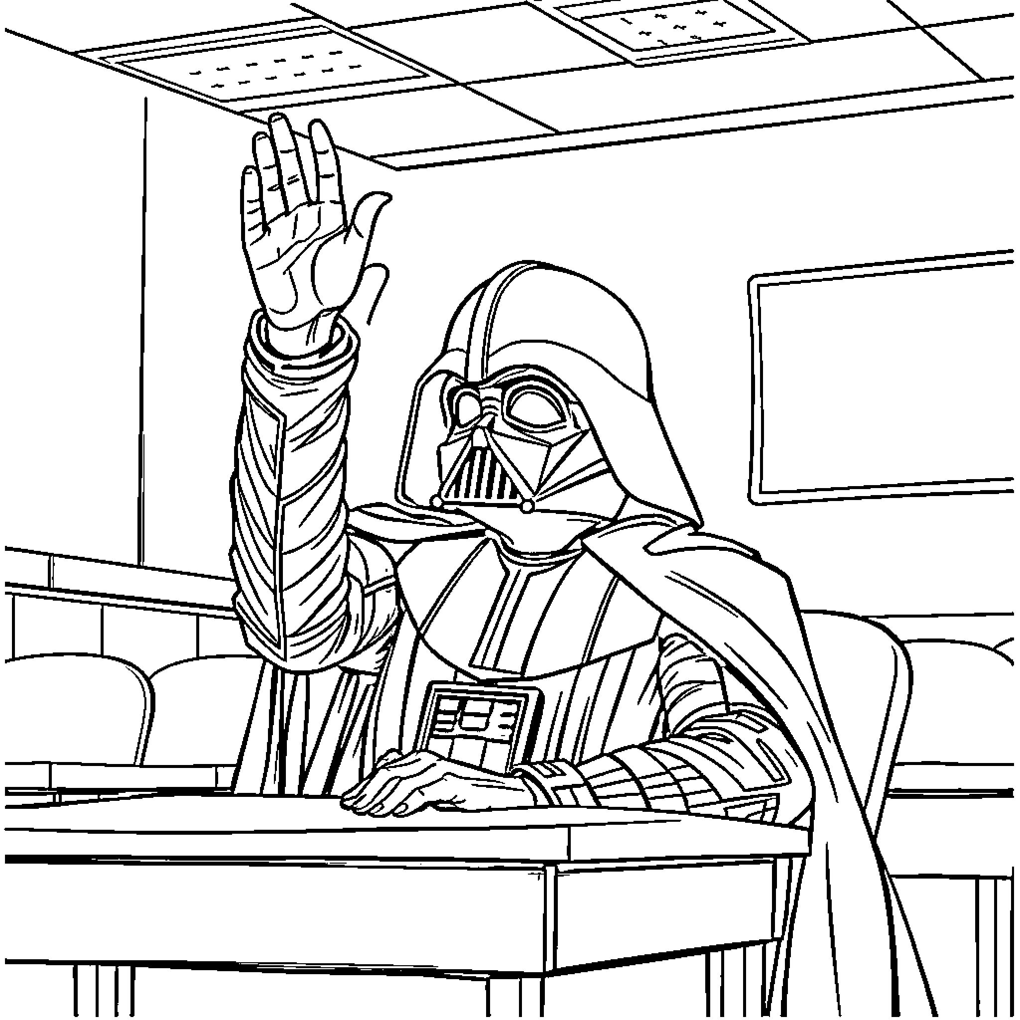 Darth Vader in a classroom setting Coloring Page (free black-and-white line drawing printable PDF for all, from beginners to advanced learners, including children, teens, adults, and seniors)
