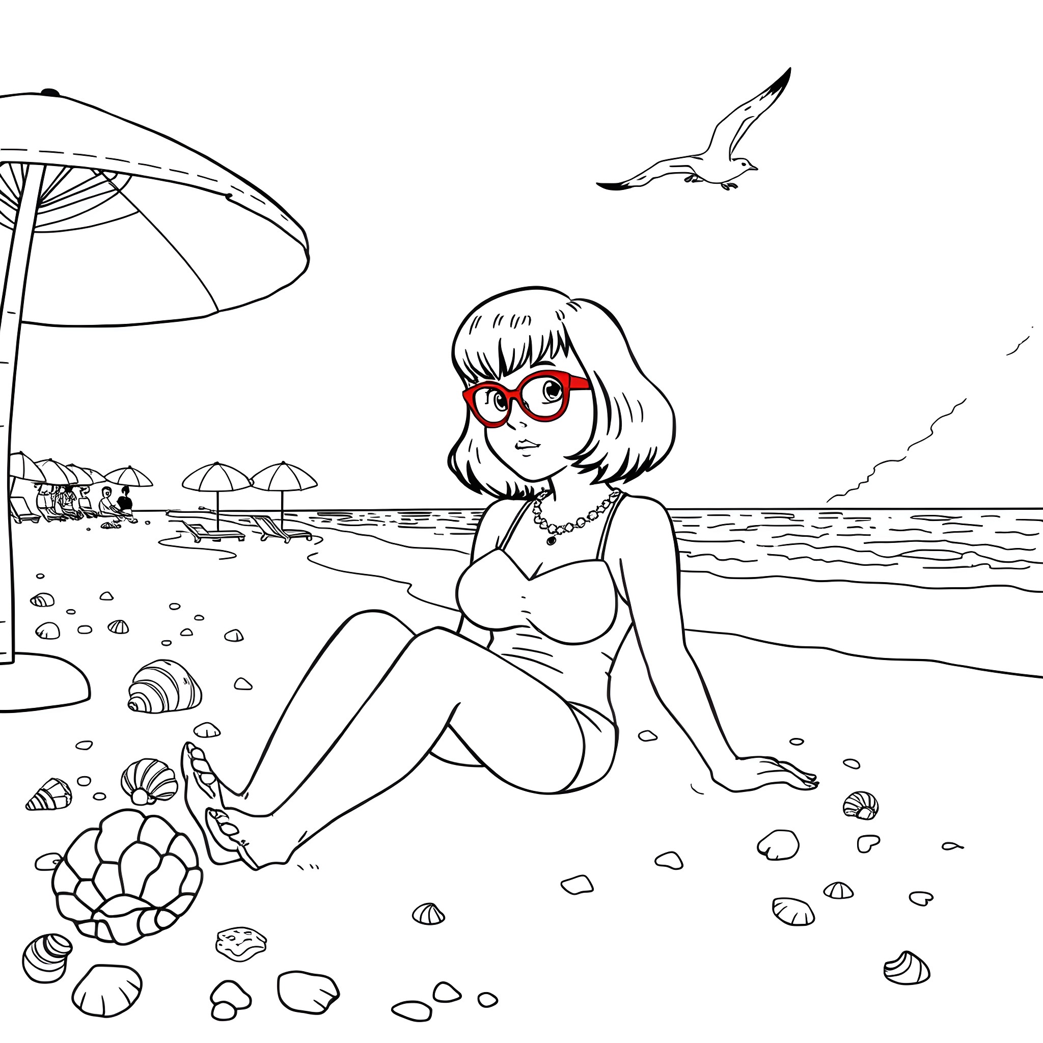 Velma relaxing on the beach Coloring Page (free black-and-white line drawing printable PDF for all, from beginners to advanced learners, including children, teens, adults, and seniors)