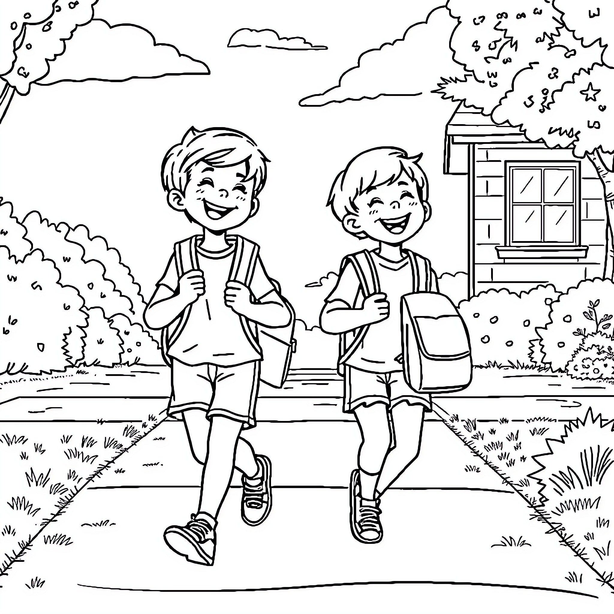 Kid friends walking happily to school Coloring Page (free black-and-white line drawing printable PDF for all, from beginners to advanced learners, including children, teens, adults, and seniors)