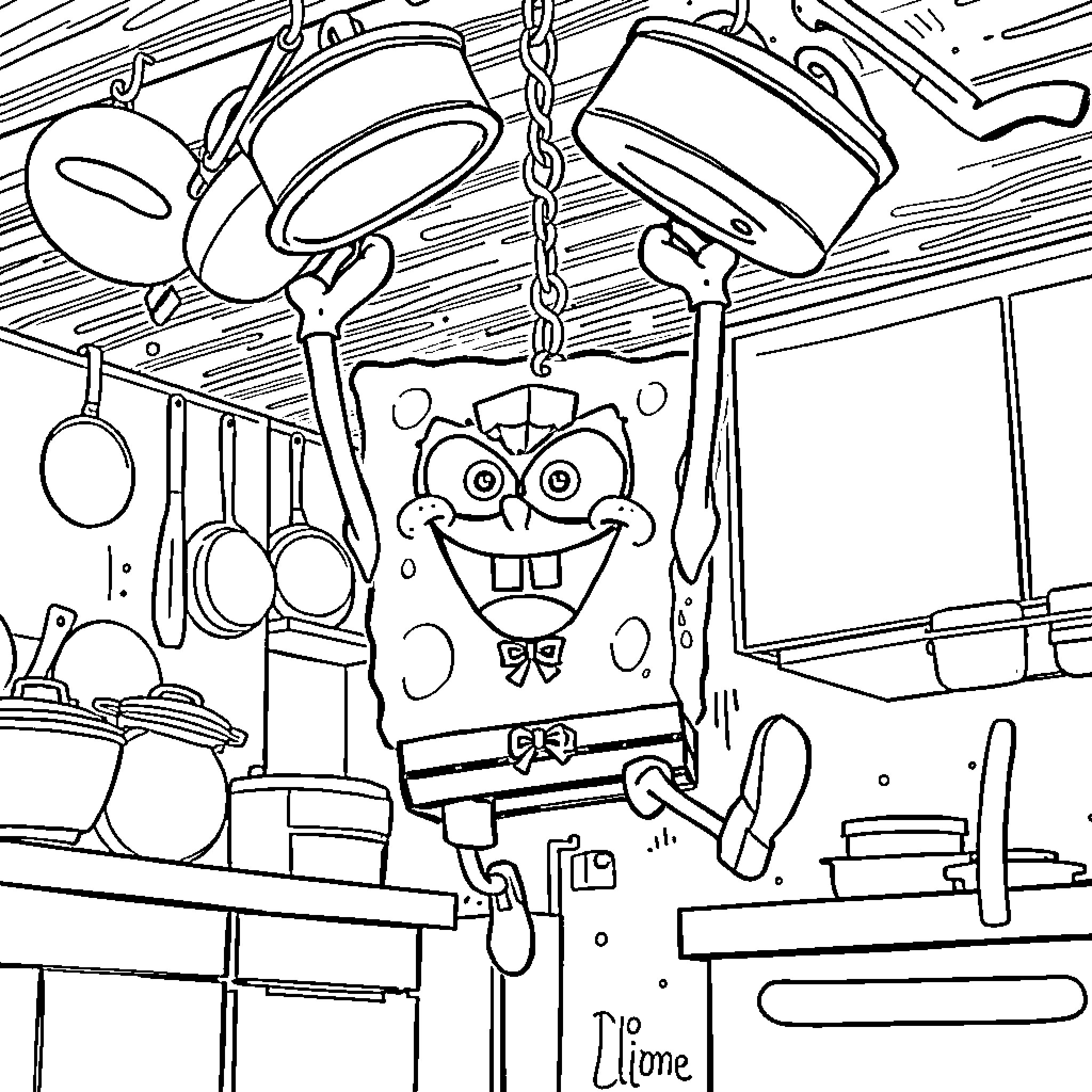Spongebob in a chaotic kitchen scene Coloring Page (free black-and-white line drawing printable PDF for all, from beginners to advanced learners, including children, teens, adults, and seniors)