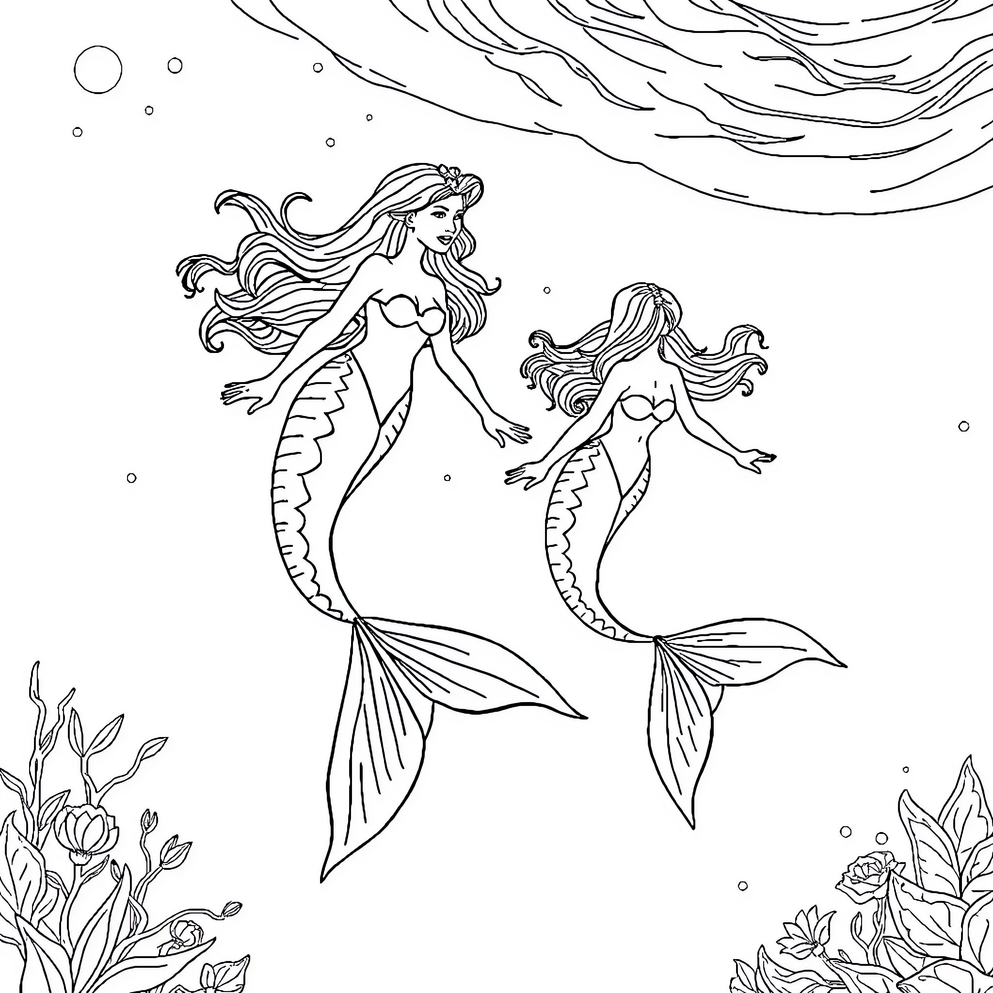 Mermaid sisters swimming gracefully in the ocean Coloring Page (free black-and-white line drawing printable PDF for all, from beginners to advanced learners, including children, teens, adults, and seniors)