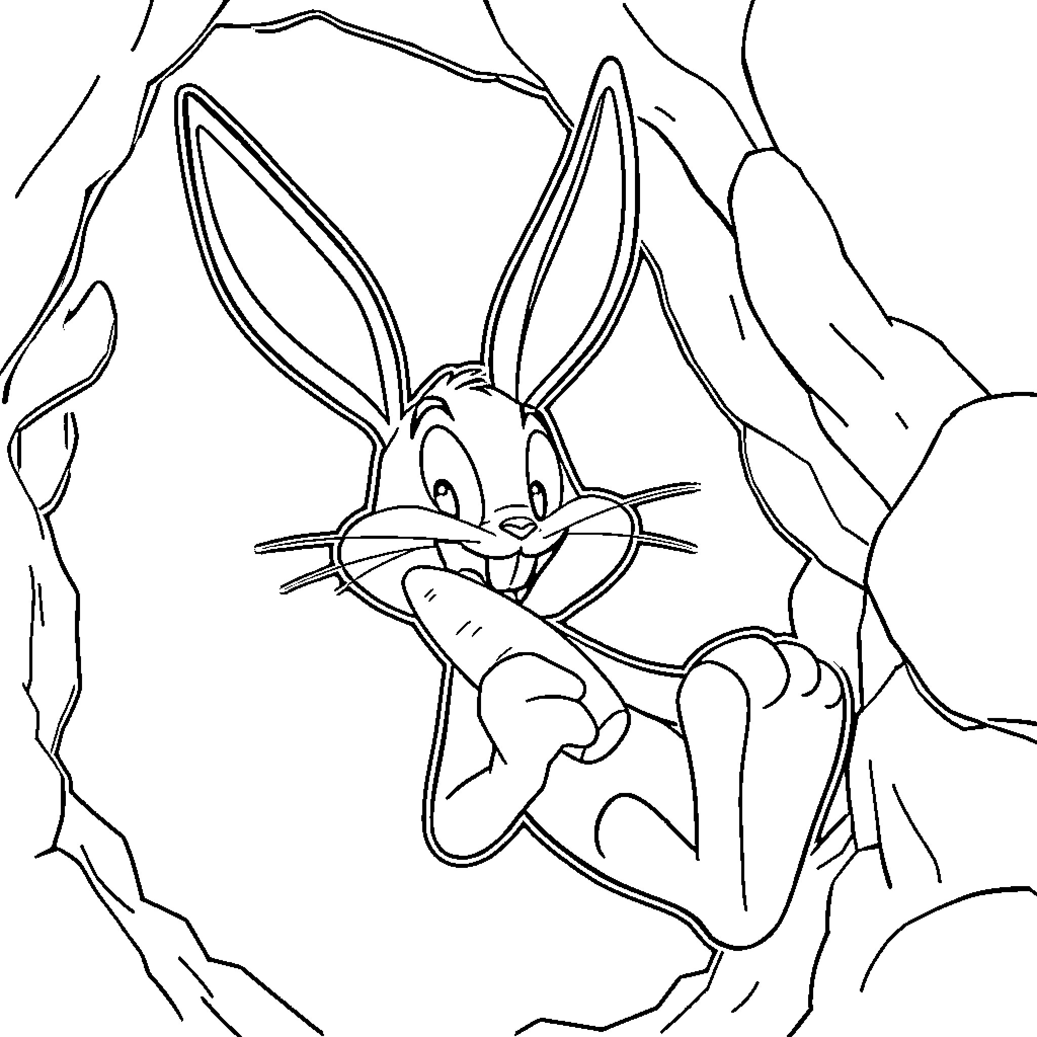 Bugs Bunny hiding in a rocky cave Coloring Page (free black-and-white line drawing printable PDF for all, from beginners to advanced learners, including children, teens, adults, and seniors)