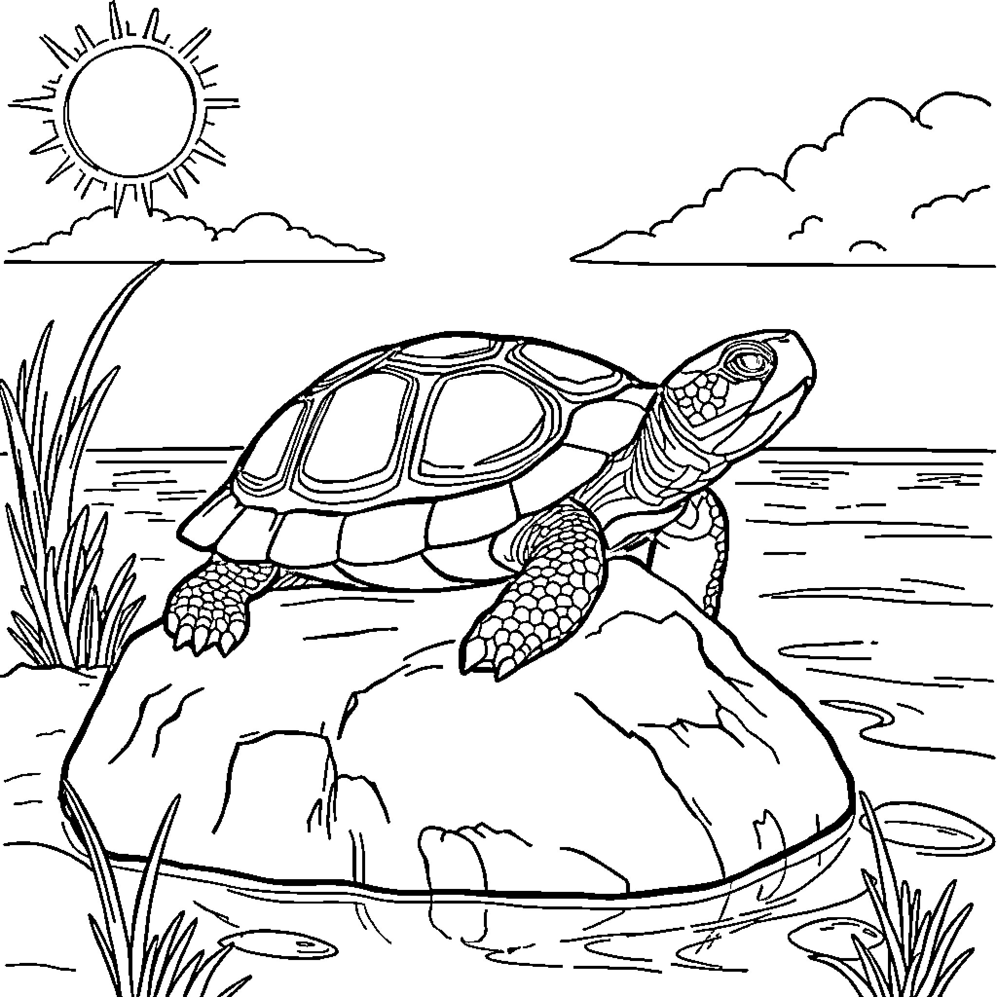 Turtle resting on a rock by the lake Coloring Page (free black-and-white line drawing printable PDF for all, from beginners to advanced learners, including children, teens, adults, and seniors)