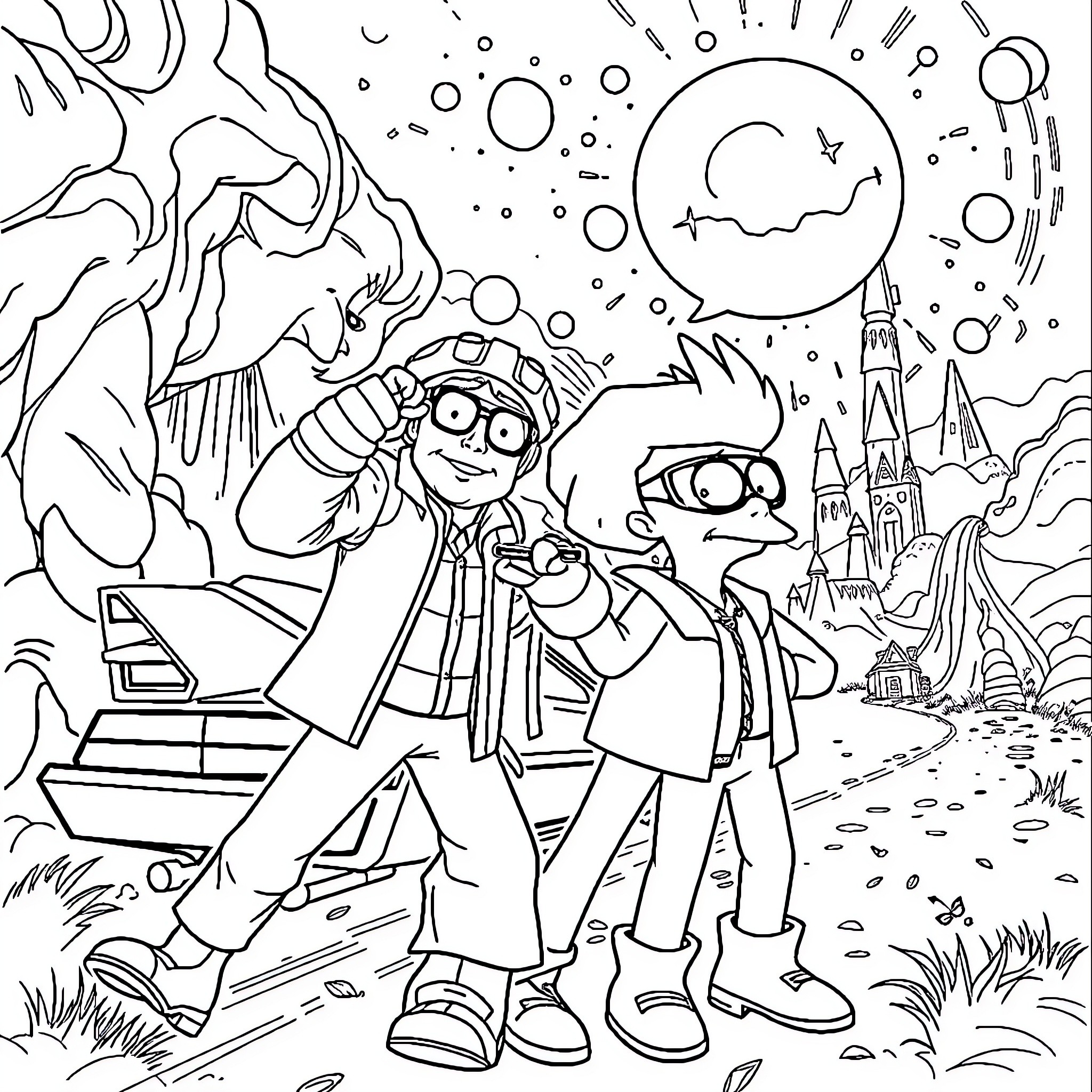 Time Travel to a Fantastical World Coloring Page (free black-and-white line drawing printable PDF for all, from beginners to advanced learners, including children, teens, adults, and seniors)
