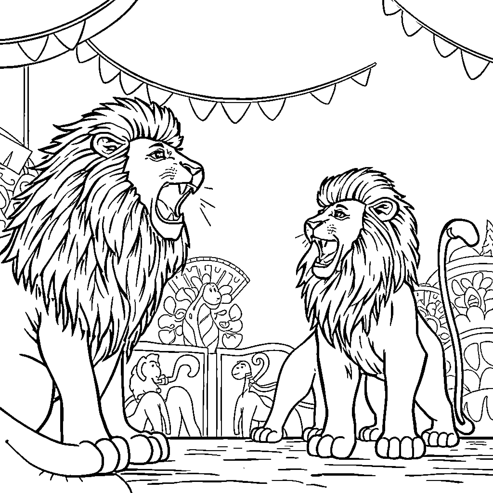 Lion Roaring in Festive Carnival Setting Coloring Page (free black-and-white line drawing printable PDF for all, from beginners to advanced learners, including children, teens, adults, and seniors)