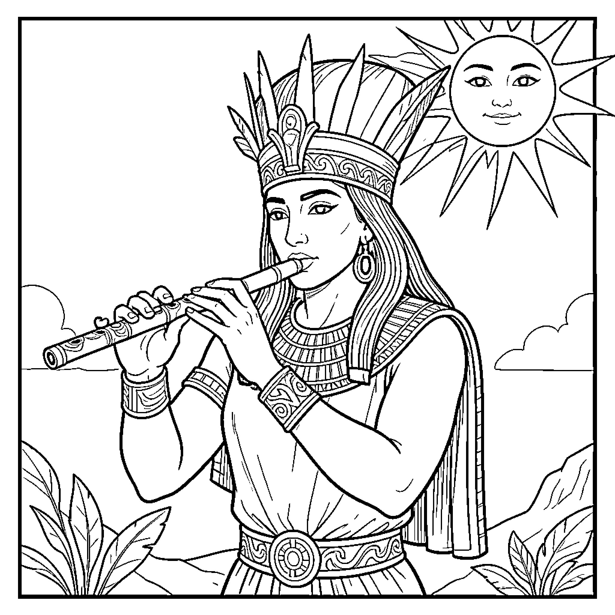 Radiant Musician in Ancient Attire Coloring Page (free black-and-white line drawing printable PDF for all, from beginners to advanced learners, including children, teens, adults, and seniors)