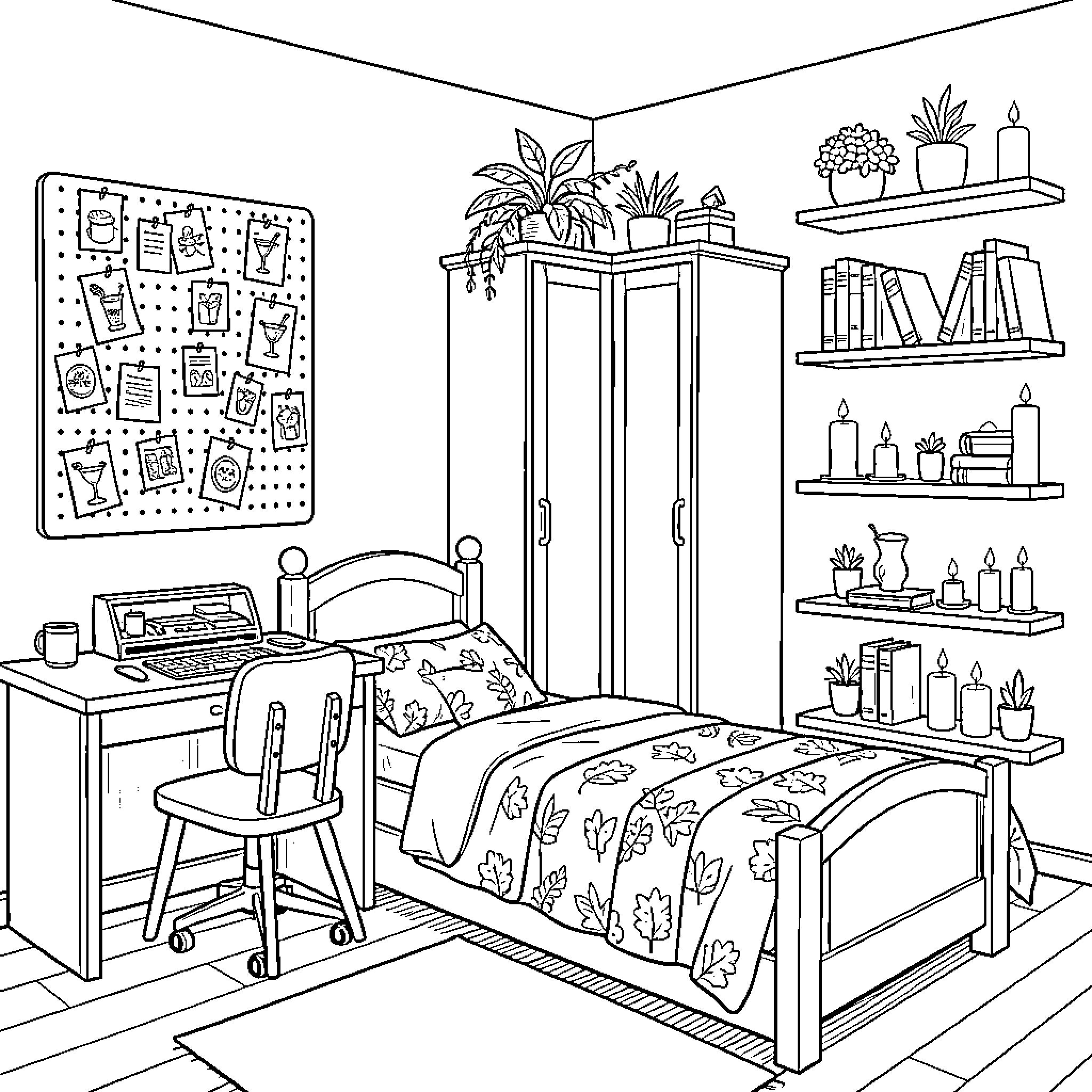 Bedroom featuring a cozy bed and organized desk area Coloring Page (free black-and-white line drawing printable PDF for all, from beginners to advanced learners, including children, teens, adults, and seniors)