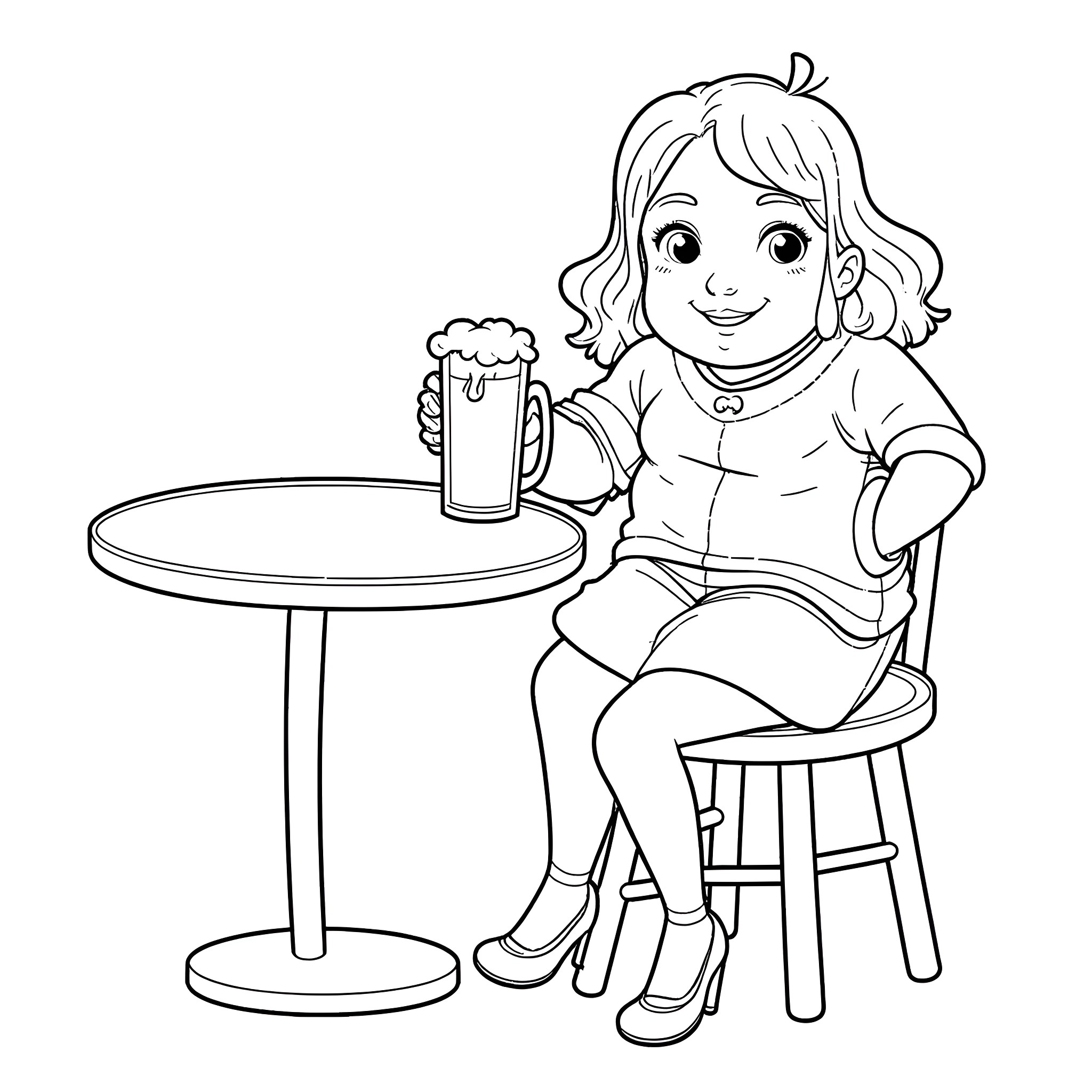 Lady enjoying a refreshing beverage at a cafe Coloring Page (free black-and-white line drawing printable PDF for all, from beginners to advanced learners, including children, teens, adults, and seniors)