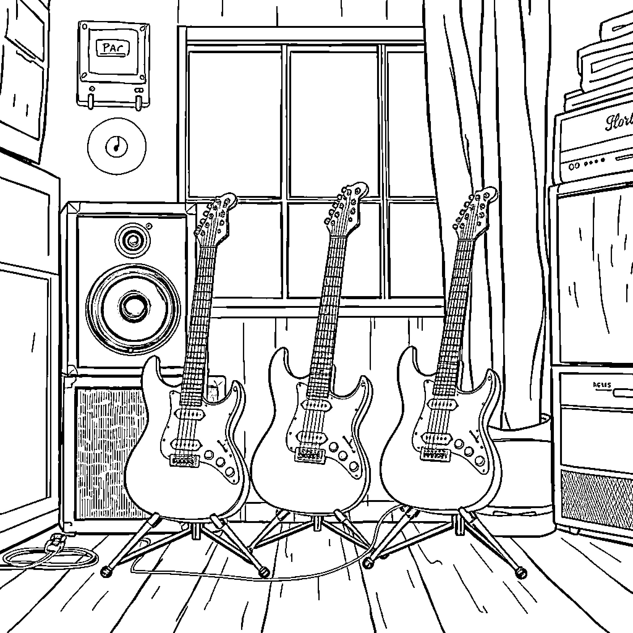 Electric Guitar Music Studio with Amplifiers and Speakers Coloring Page (free black-and-white line drawing printable PDF for all, from beginners to advanced learners, including children, teens, adults, and seniors)