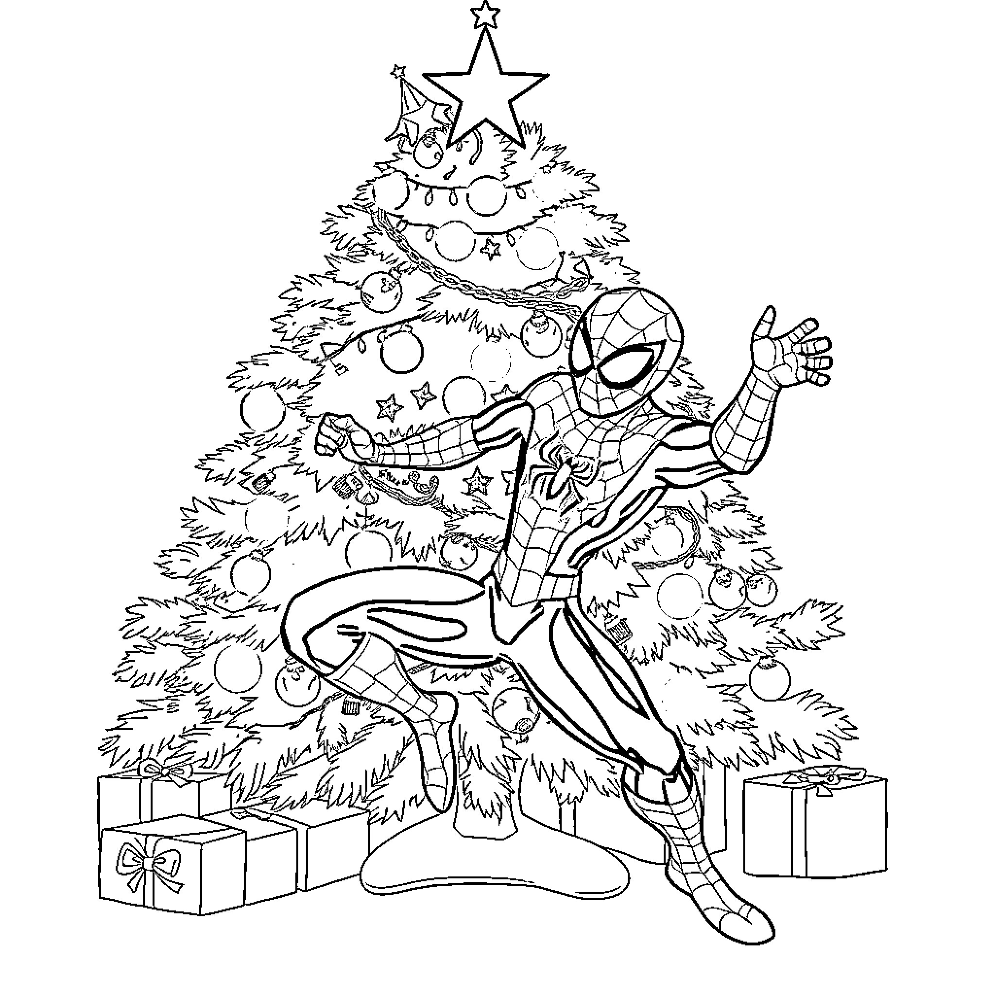 Spider-Man Celebrating Christmas with Decorations Coloring Page (free black-and-white line drawing printable PDF for all, from beginners to advanced learners, including children, teens, adults, and seniors)