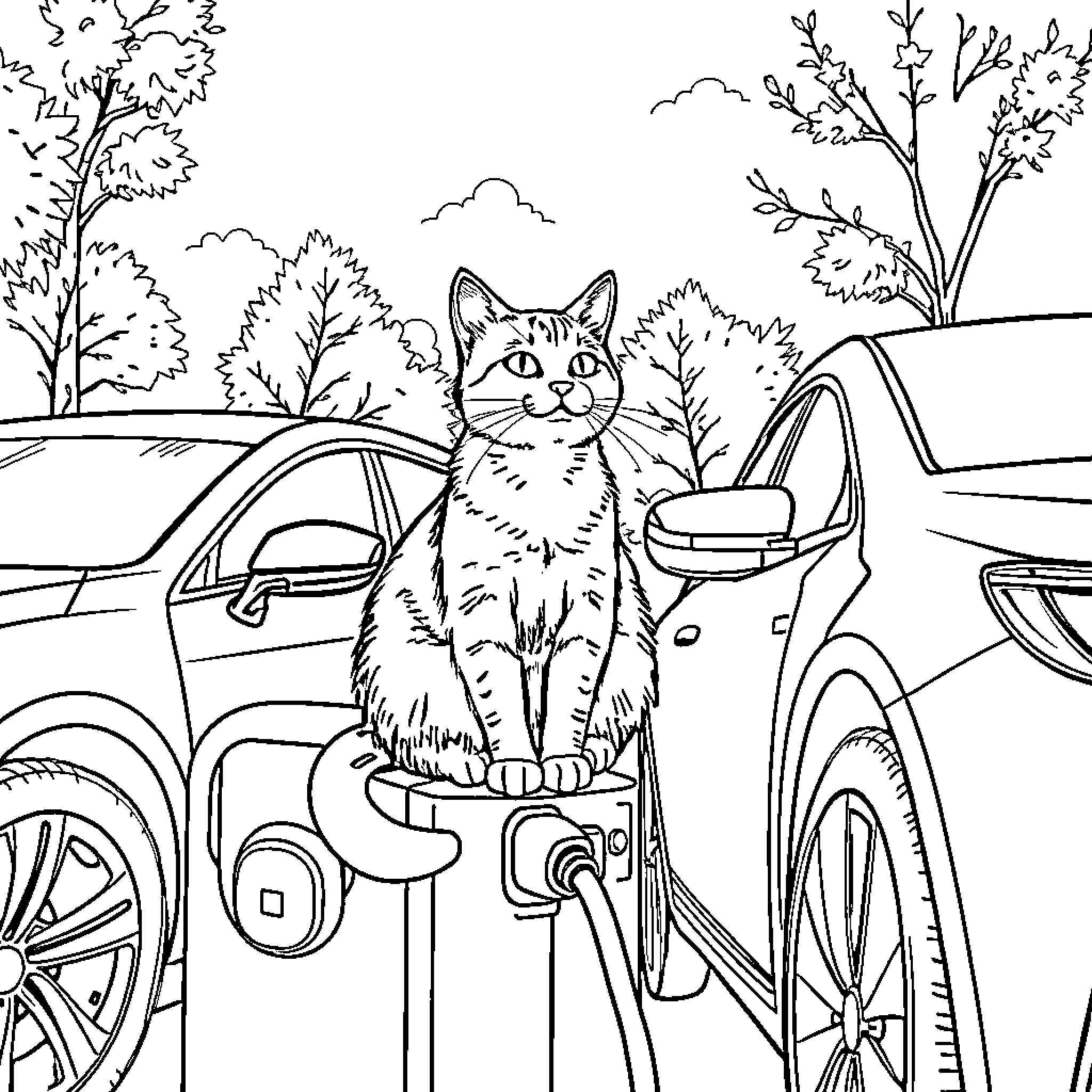 Cat observing the cars in the parking lot Coloring Page (free black-and-white line drawing printable PDF for all, from beginners to advanced learners, including children, teens, adults, and seniors)