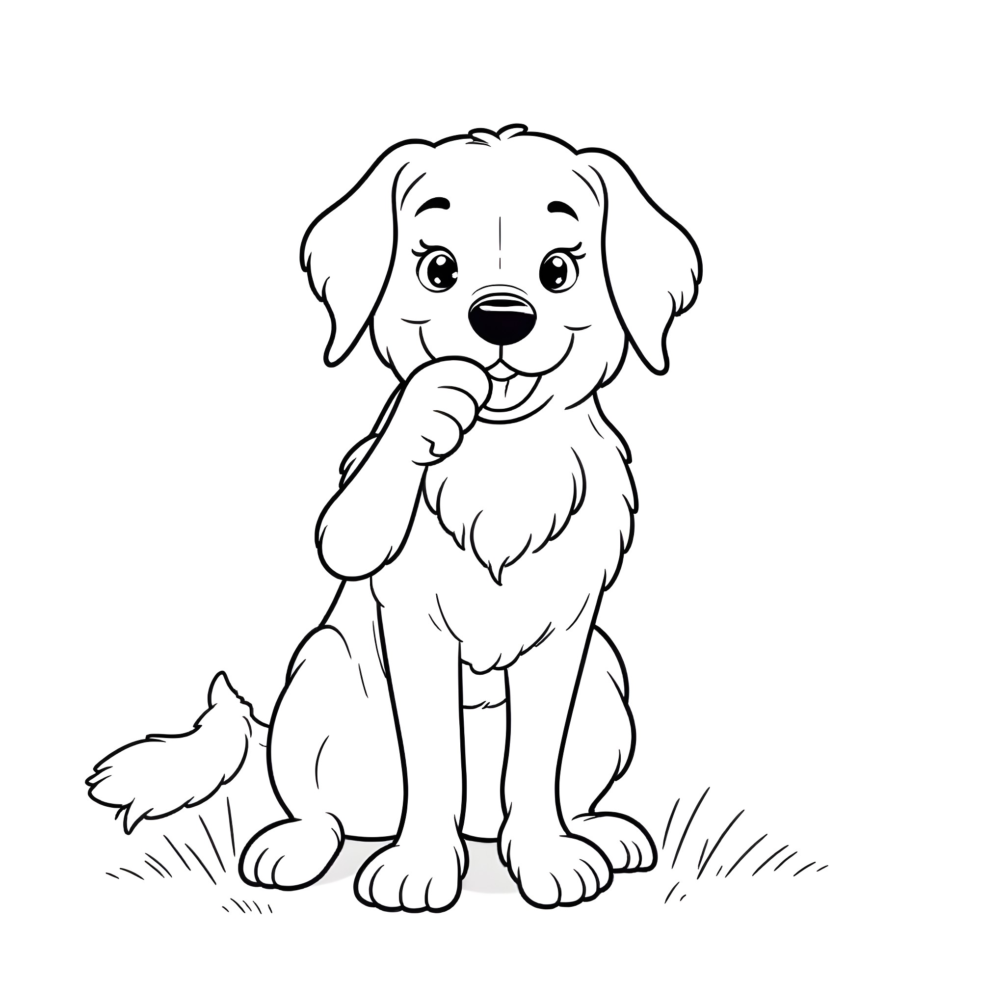 Dog sitting curiously and adorably Coloring Page (free black-and-white line drawing printable PDF for all, from beginners to advanced learners, including children, teens, adults, and seniors)