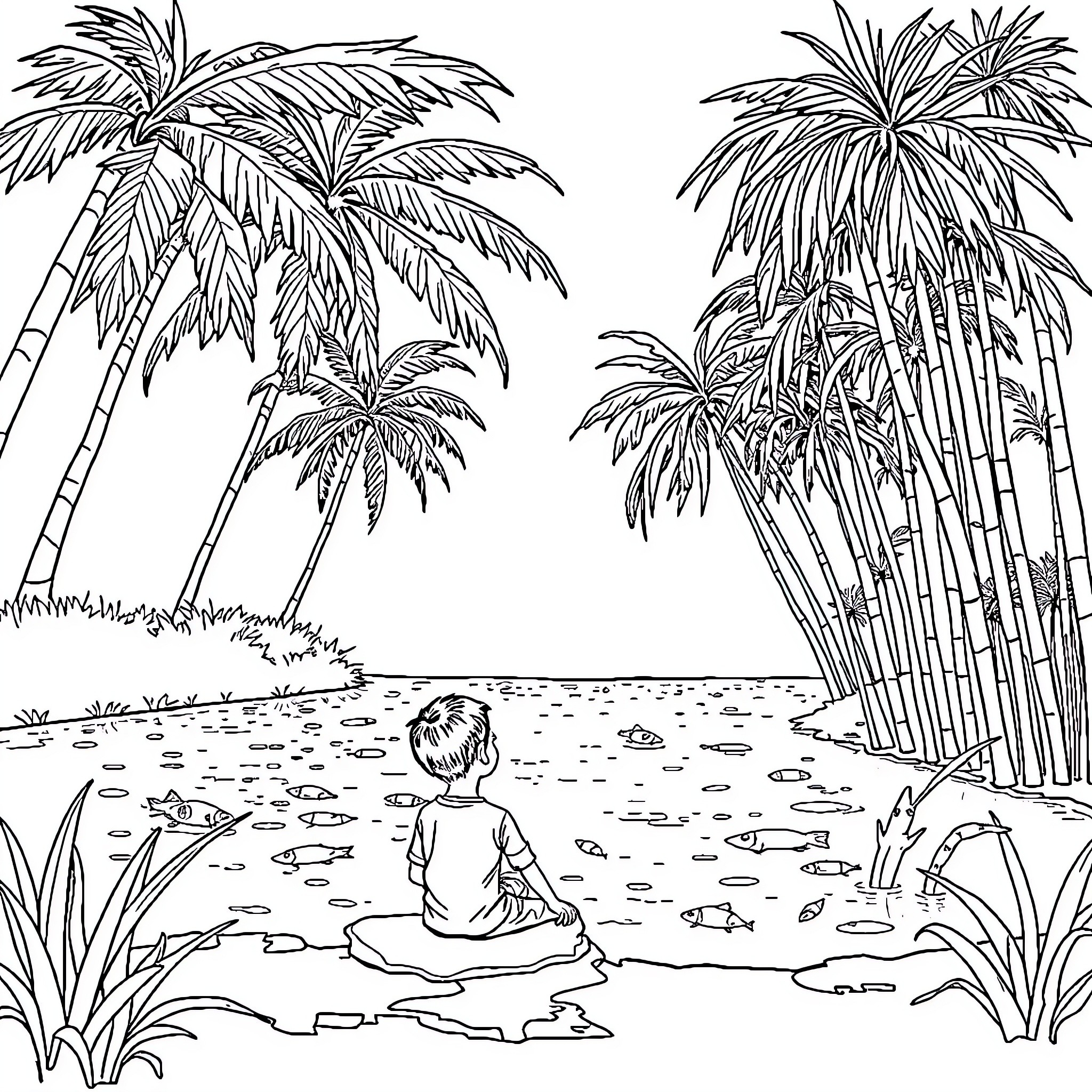 Boy sitting peacefully by the tropical beach Coloring Page (free black-and-white line drawing printable PDF for all, from beginners to advanced learners, including children, teens, adults, and seniors)