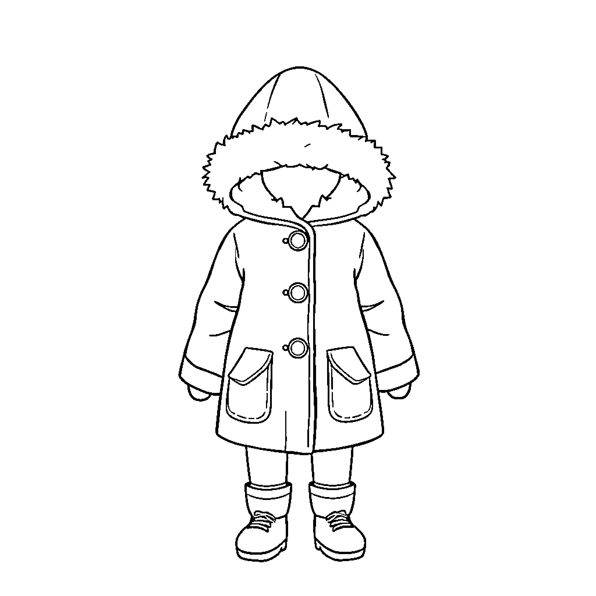 Coat with furry hood and pockets Coloring Page (free black-and-white line drawing printable PDF for all, from beginners to advanced learners, including children, teens, adults, and seniors)