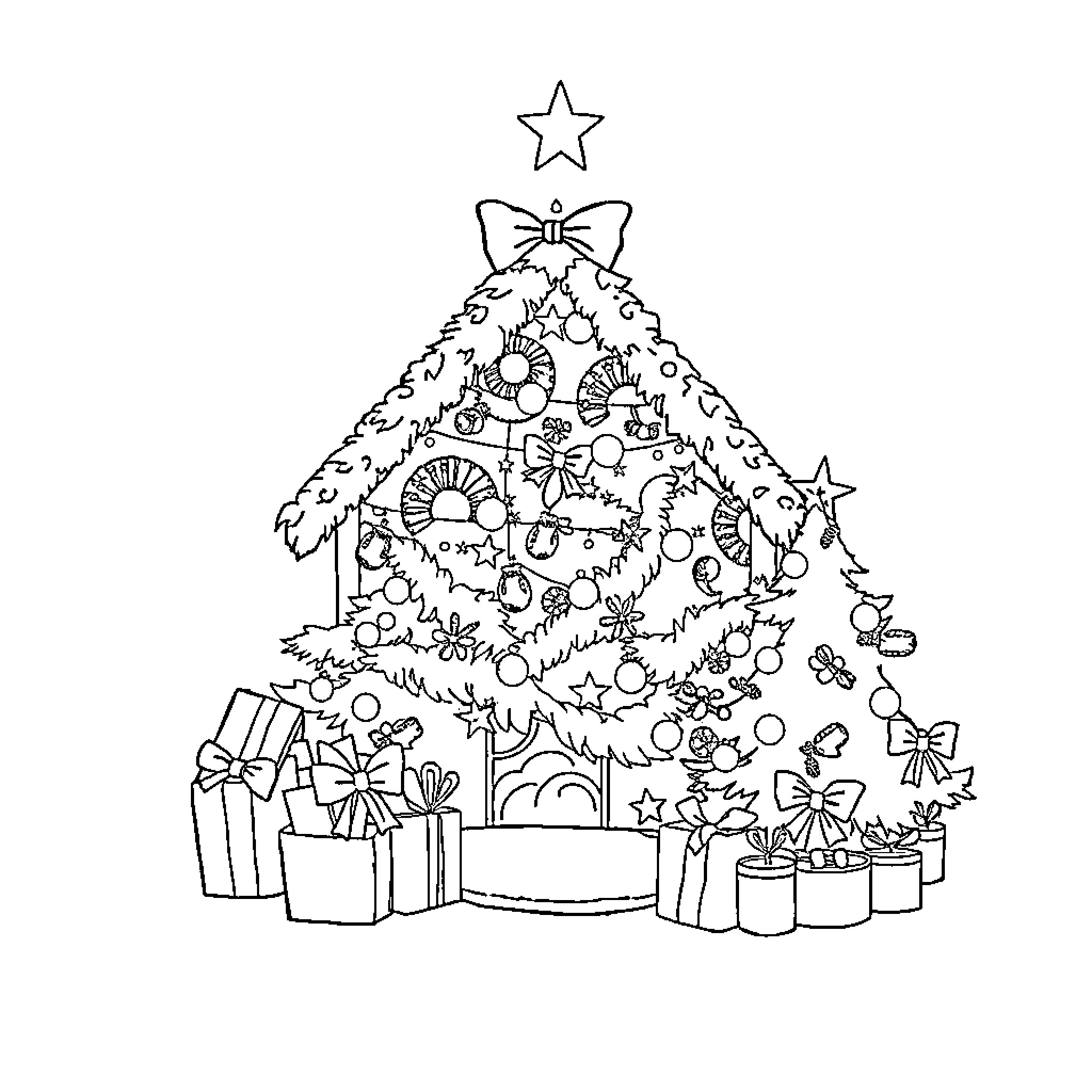 Christmas Tree with Presents and Decorations Coloring Page (free black-and-white line drawing printable PDF for all, from beginners to advanced learners, including children, teens, adults, and seniors)